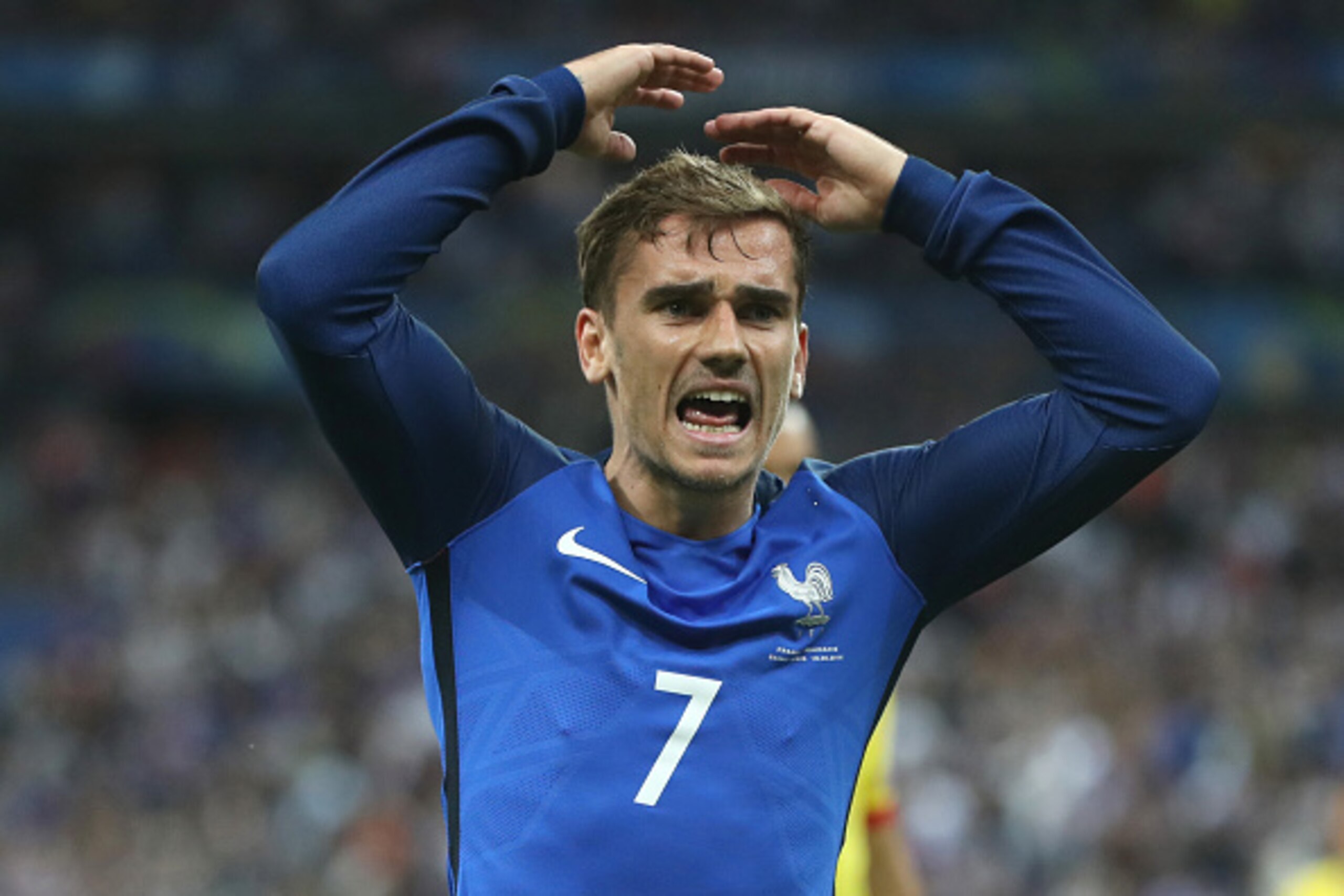 PARIS, FRANCE - JUNE 10:  Antoine Griezmann of France reacts  during the UEFA EURO 2016 Group A match between France and Romania at Stade de France on June 10, 2016 in Paris, France. (Photo by Ian MacNicol/Getty Images)