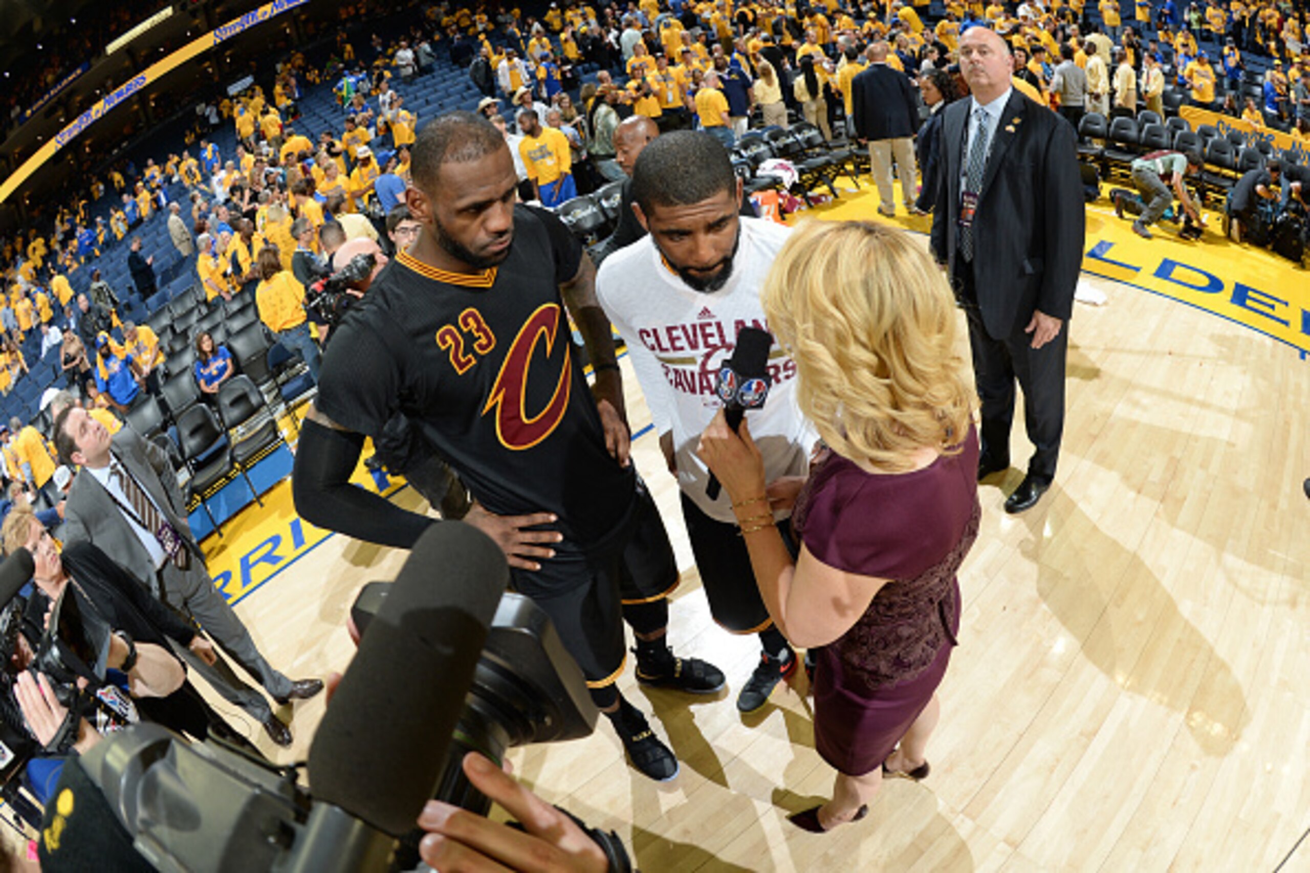 OAKLAND, CA - JUNE 13: LeBron James #23 and Kyrie Irving #2 of the Cleveland Cavaliers speak to the media after defeating the Golden State Warriors in Game Five of the 2016 NBA Finals on June 13, 2016 at Oracle Arena in Oakland, California. NOTE TO USER: OAKLAND, CA - JUNE 13: LeBron James #23 and Kyrie Irving #2 of the Cleveland Cavaliers speak to the media after defeating the Golden State Warriors in Game Five of the 2016 NBA Finals on June 13, 2016 at Oracle Arena in Oakland, California. NOTE TO USER: