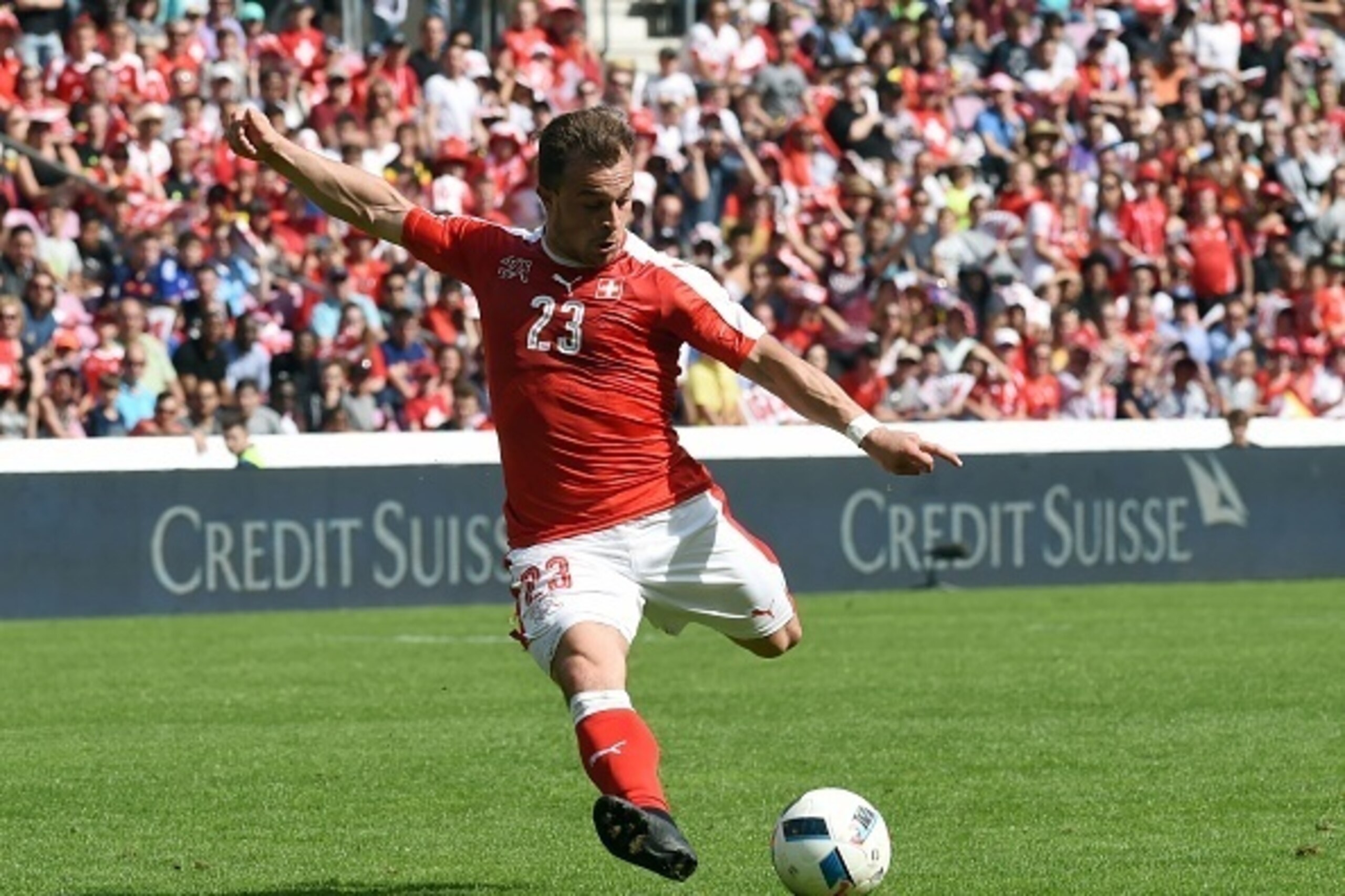 Switzerland's midfielder Xherdan Shaqiri kicks the ball during the friendly football match between Switzerland and Belgium on May 28, 2016, in Geneva.  / AFP / PHILIPPE DESMAZES        (Photo credit should read PHILIPPE DESMAZES/AFP/Getty Images)