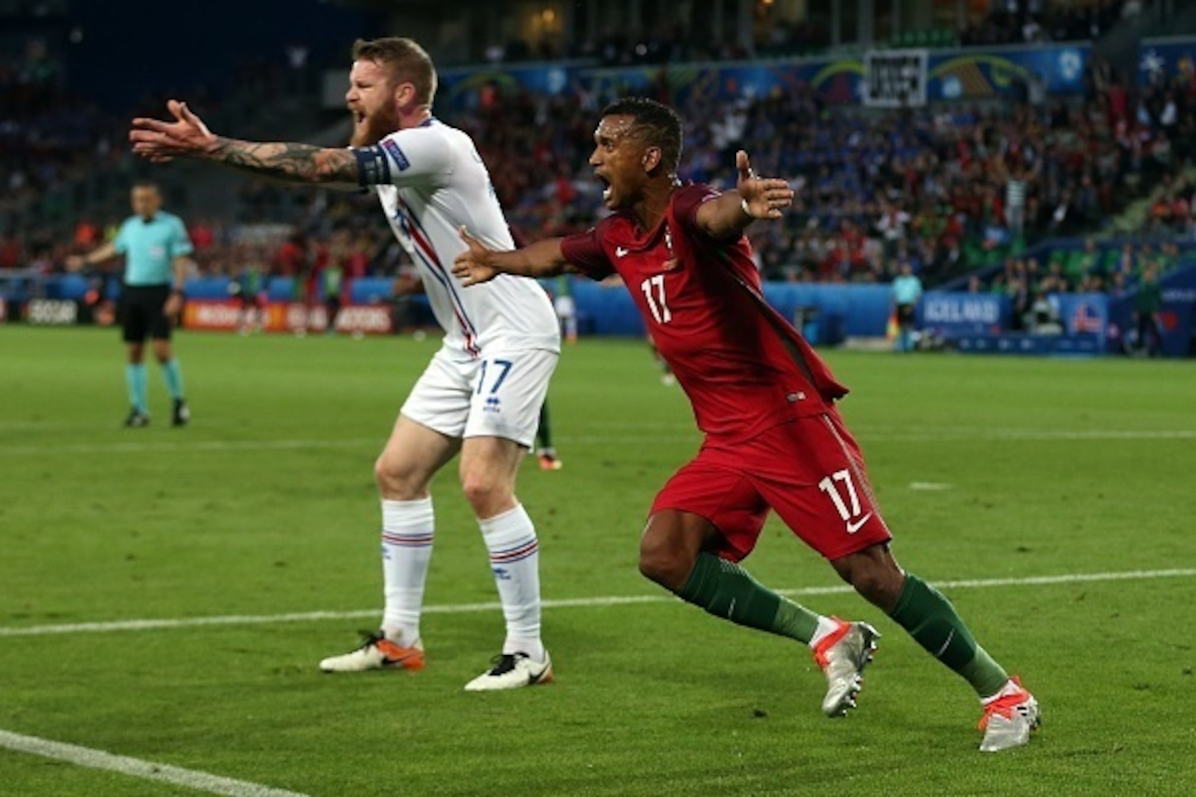 SAINT-ETIENNE, FRANCE - JUNE 14: Nani of Portugal celebrates scoring the opening goal during the UEFA Euro 2016 Group F match between Portugal and Iceland at Stade Geoffroy-Guichard on June 14, 2016 in Saint-Etienne, France. (Photo by Chris Brunskill Ltd/