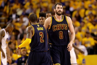 OAKLAND, CA - JUNE 02:  Kevin Love #0 of the Cleveland Cavaliers reacts alongside teammate Kyrie Irving #2 in the second half while taking on the Golden State Warriors in Game 1 of the 2016 NBA Finals at ORACLE Arena on June 2, 2016 in Oakland, California