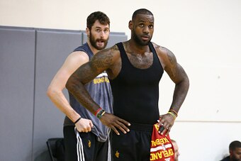 OAKLAND, CA - JUNE 12: Kevin Love and LeBron James of the Cleveland Cavaliers looks on during practice and media availability as part of the 2016 NBA Finals on June 12, 2016 at Oakland Convention Center  in Oakland, California. NOTE TO USER: User expressl