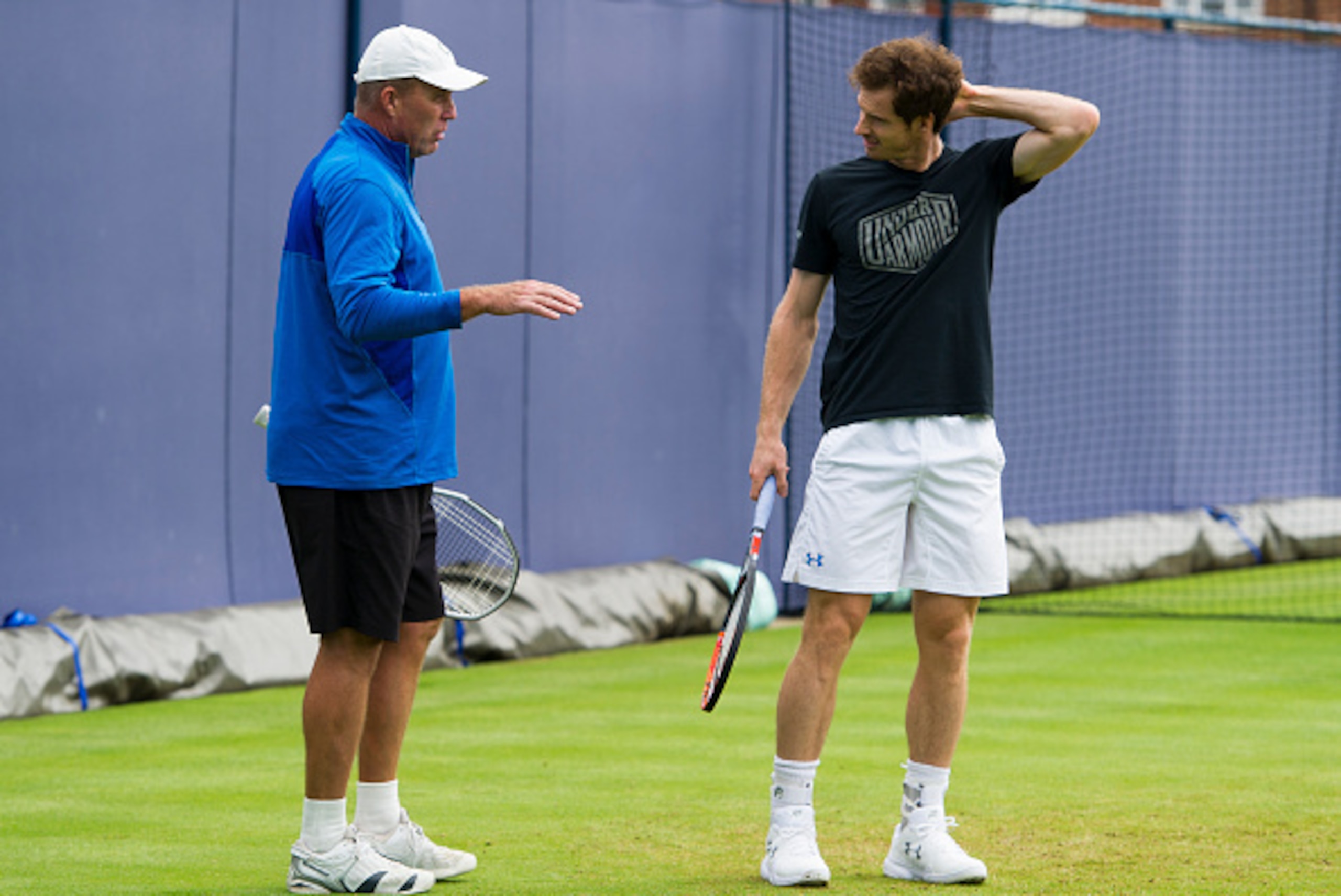 LONDON, ENGLAND - JUNE 14: Andy Murray (GBR) on the practice court with coach Ivan Lendl before the match against Nicolas Mahout (FRA) on day two of the Aegon Championships at Queens Club on June 14, 2016 in London, England. (Photo by Ashley Western/Camer