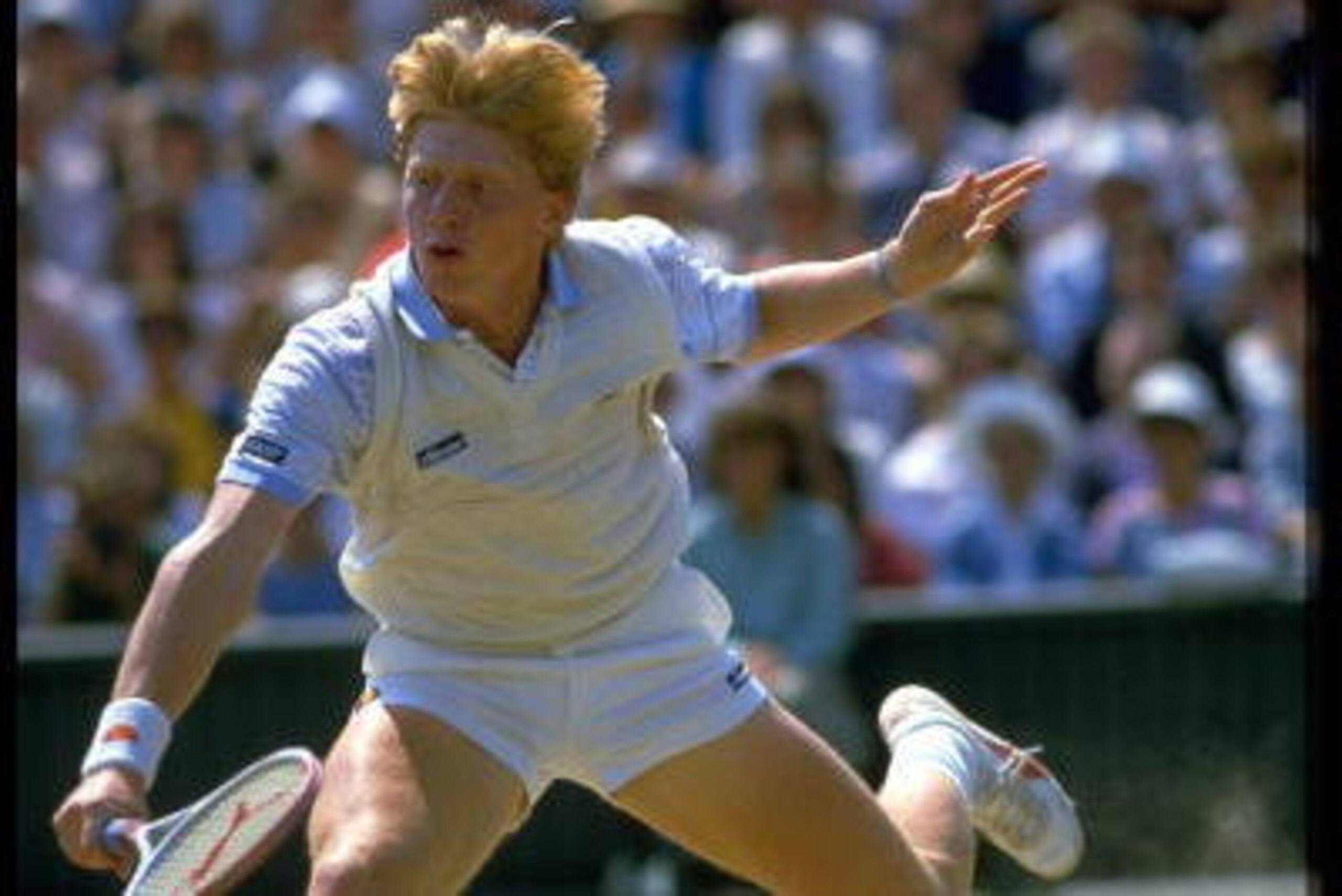 JUL 1985:  BORIS BECKER OF GERMANY HITS A FOREHAND DURING THE MENS SINGLES FINAL AT WIMBLEDON WHERE HE DEFEATED KEVIN CURREN OF THE UNITED STATES.