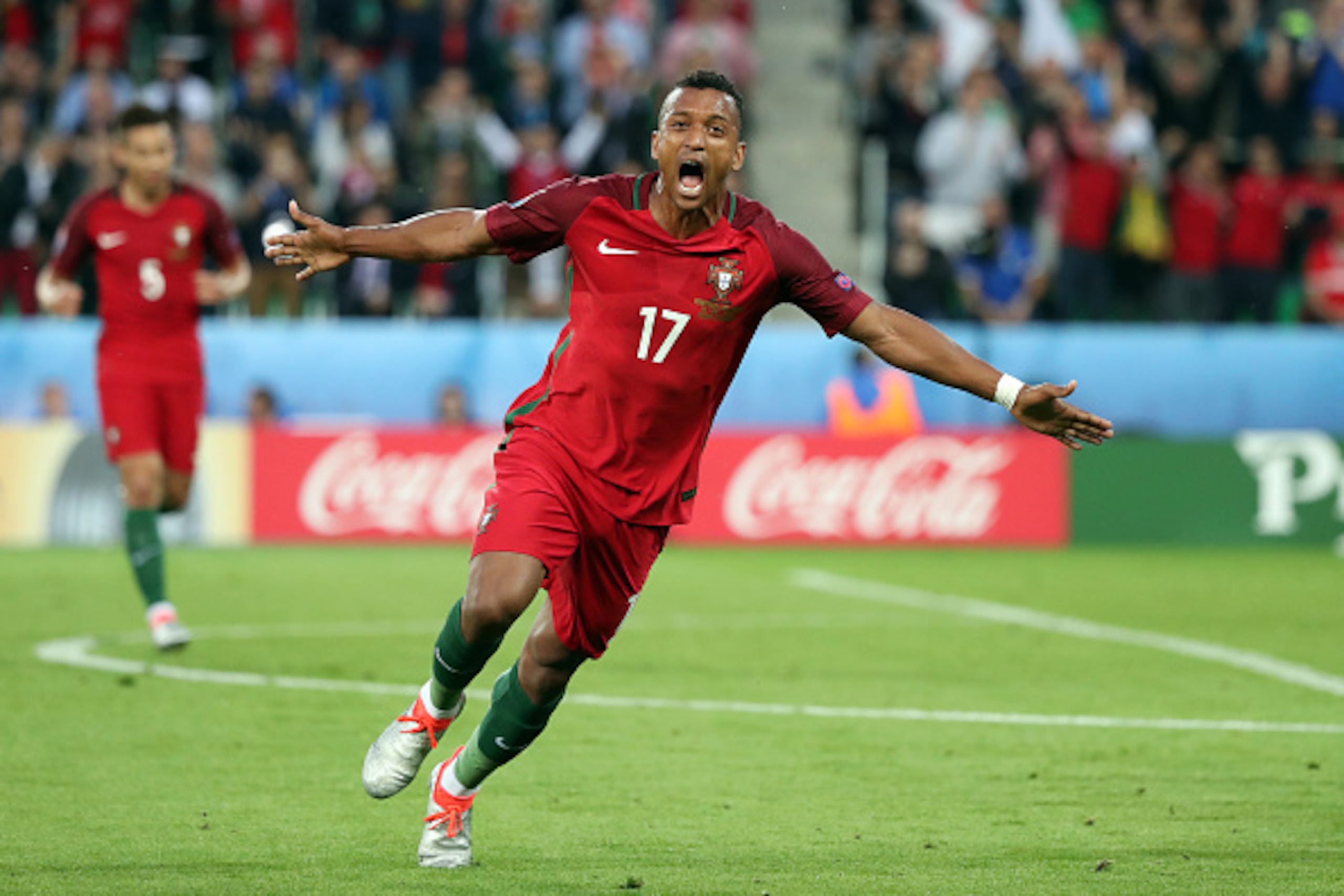 SAINT-ETIENNE, FRANCE - JUNE 14: Nani of Portugal celebrates his goal during the UEFA EURO 2016 Group F match between Portugal and Iceland at Stade Geoffroy-Guichard on June 14, 2016 in Saint-Etienne, France. (Photo by Jean Catuffe/Getty Images)