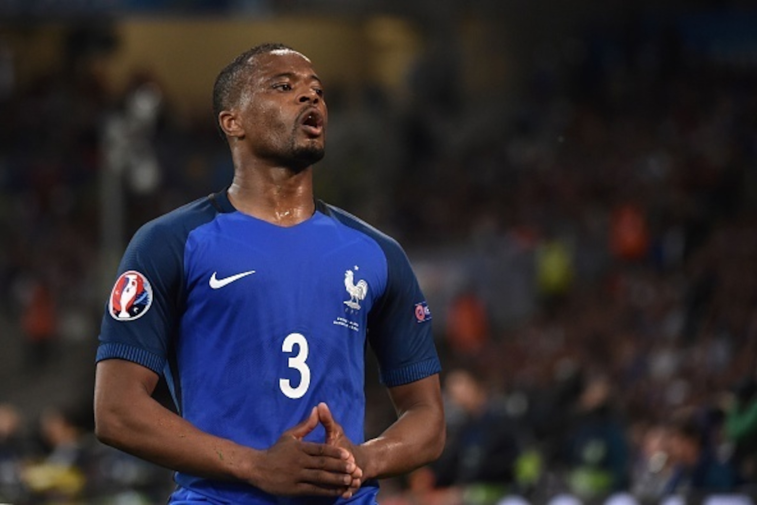 France's defender Patrice Evra reacts during the Euro 2016 group A football match between France and Albania at the Velodrome stadium in Marseille on June 15, 2016. / AFP / BERTRAND LANGLOIS        (Photo credit should read BERTRAND LANGLOIS/AFP/Getty Ima