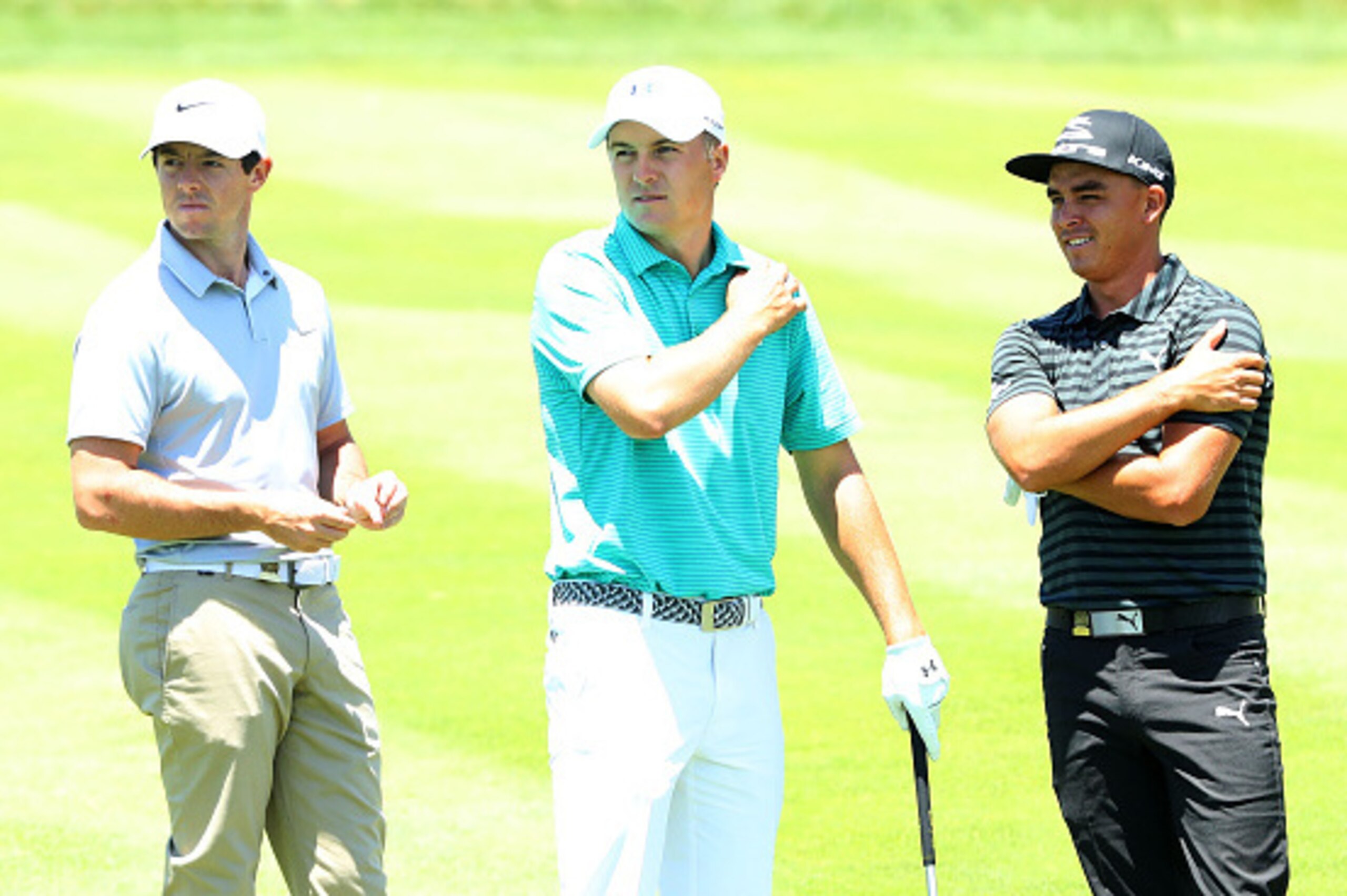 OAKMONT, PA - JUNE 13:  Rory McIlroy of Northern Ireland, Jordan Spieth of the United States and Rickie Fowler of the United States talk during a practice round prior to the U.S. Open at Oakmont Country Club on June 13, 2016 in Oakmont, Pennsylvania.  (Ph