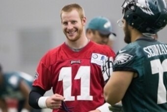 May 13, 2016; Philadelphia, PA, USA; Philadelphia Eagles quarterback Carson Wentz (11) during rookie minicamp at the NovaCare Complex. Mandatory Credit: Bill Streicher-USA TODAY Sports