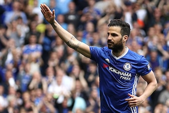 LONDON, ENGLAND - MAY 15:  Sesc Fabregas of Chelsea celebrates scoring his team's first goal from the penalty spot during the Barclays Premier League match between Chelsea and Leicester City at Stamford Bridge on May 15, 2016 in London, England.  (Photo b