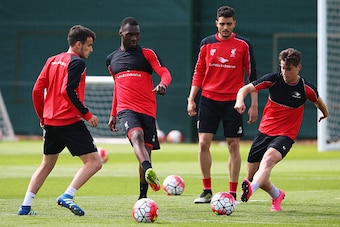 LIVERPOOL, ENGLAND - MAY 13:  Christian Benteke of Liverpool passes during a training session at the Liverpool UEFA Europa League Cup Final Media Day at Melwood Training Ground on May 13, 2016 in Liverpool, England.  (Photo by Alex Livesey/Getty Images)