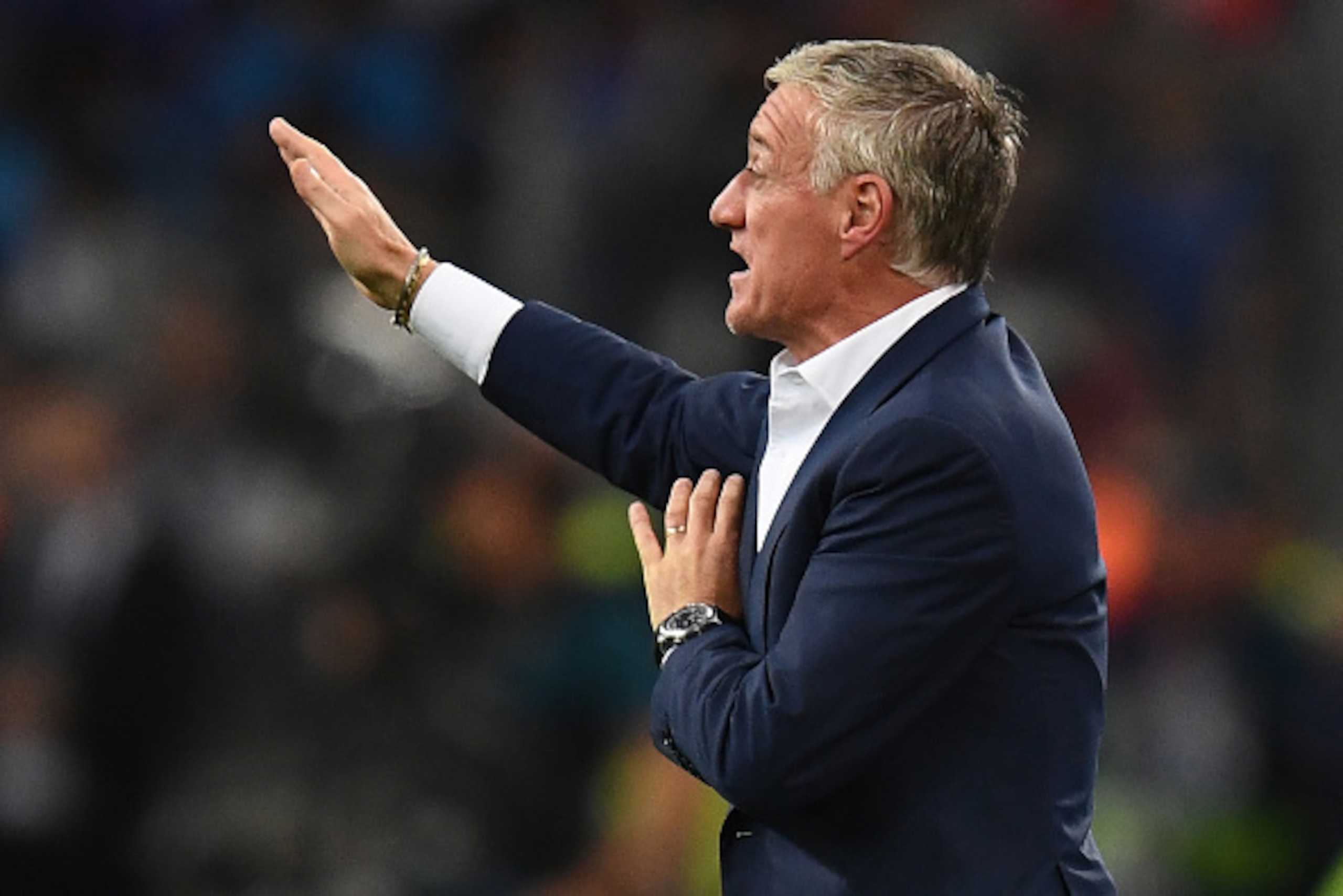 France's coach Didier Deschamps gestures from the sideline during the Euro 2016 group A football match between France and Albania at the Velodrome stadium in Marseille on June 15, 2016. / AFP / FRANCK FIFE        (Photo credit should read FRANCK FIFE/AFP/