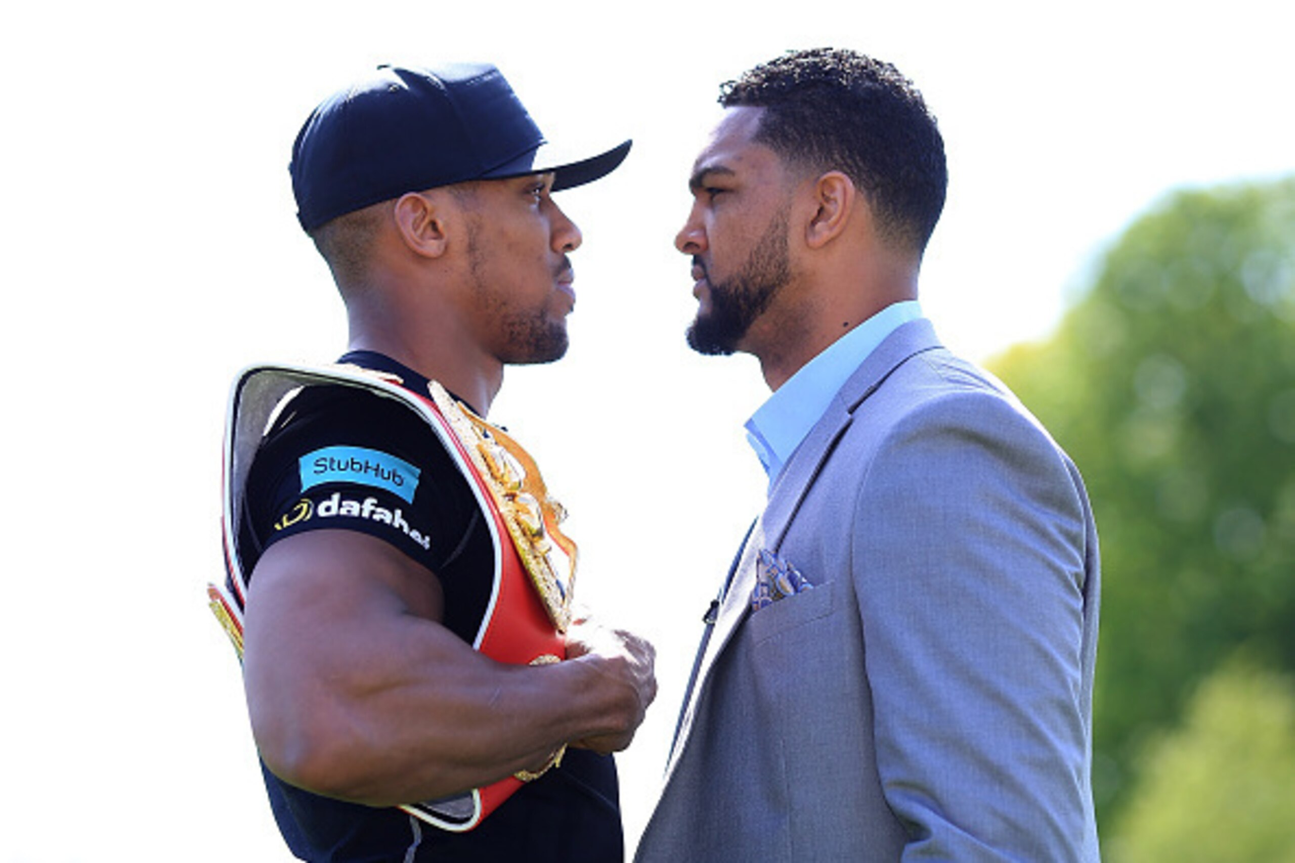 LONDON, ENGLAND - MAY 04:  Anthony Joshua and Dominic Breazeale face off during the Anthony Joshua and Dominic Breazeale Press Conference on May 4, 2016 in London, England.  (Photo by Ben Hoskins/Getty Images)