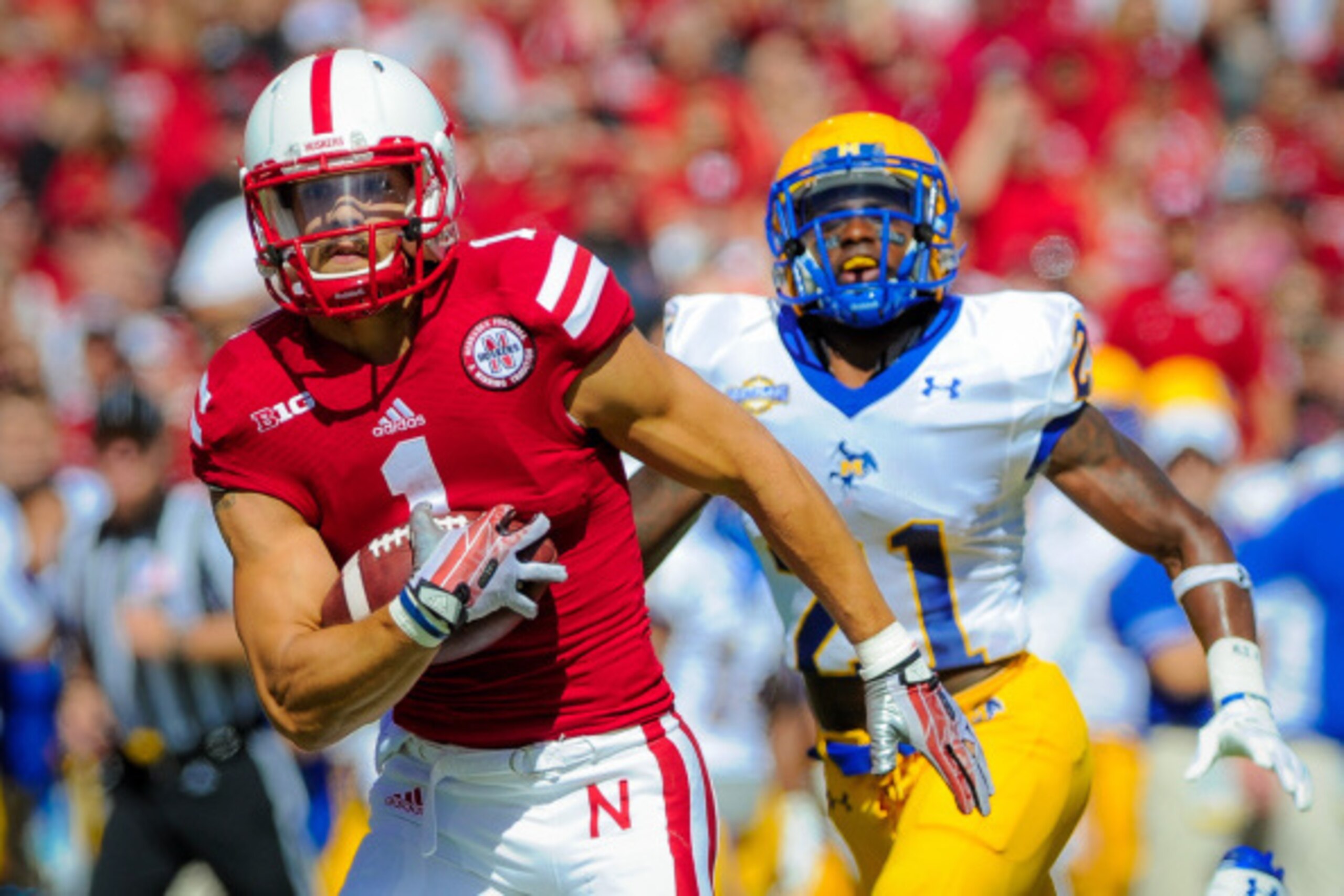 LINCOLN, NE - SEPTEMPER 6: Wide receiver Jordan Westerkamp #1 of the Nebraska Cornhuskers catches a touchdown pass during their game against the McNeese State Cowboys at Memorial Stadium on September 6, 2014 in Lincoln, Nebraska. (Photo by Eric Francis/Ge