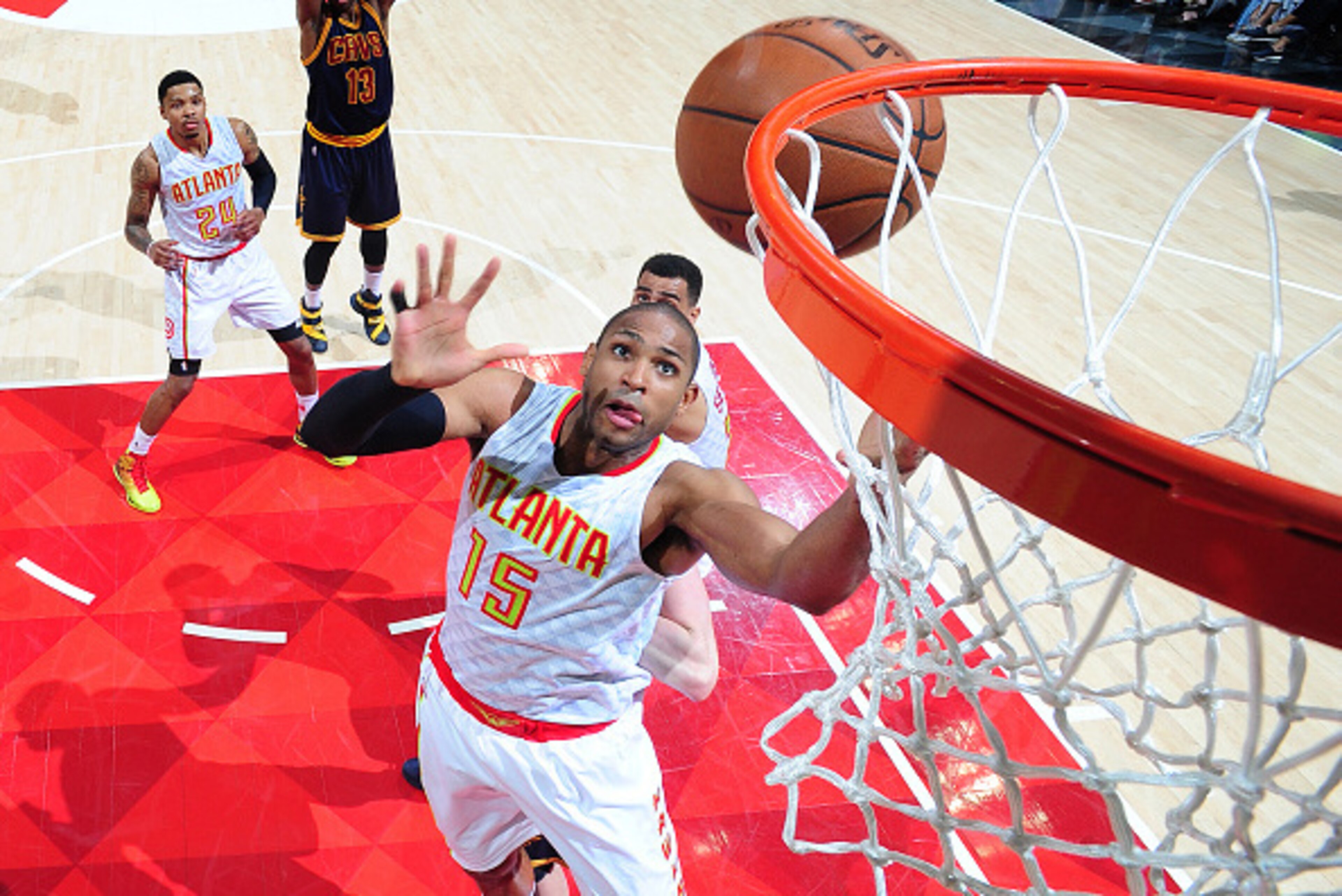 ATLANTA, GA - MAY 8: Al Horford #15 of the Atlanta Hawks goes for the layup against the Cleveland Cavaliers during Game Four of the Eastern Conference Semifinals during the 2016 NBA Playoffs on May 8, 2016 at Philips Arena in Cleveland, Ohio. NOTE TO USER ATLANTA, GA - MAY 8: Al Horford #15 of the Atlanta Hawks goes for the layup against the Cleveland Cavaliers during Game Four of the Eastern Conference Semifinals during the 2016 NBA Playoffs on May 8, 2016 at Philips Arena in Cleveland, Ohio. NOTE TO USER