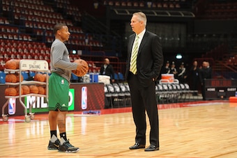 MILAN - OCTOBER 6: Isiah Thomas and President of Basketball Operations, Danny Ainge of the Boston Celtics warm up prior to the start of the game against Emporio Armani Milano as part of the 2015 Global Games on October 6, 2015 at the Mediolanum Forum, Are