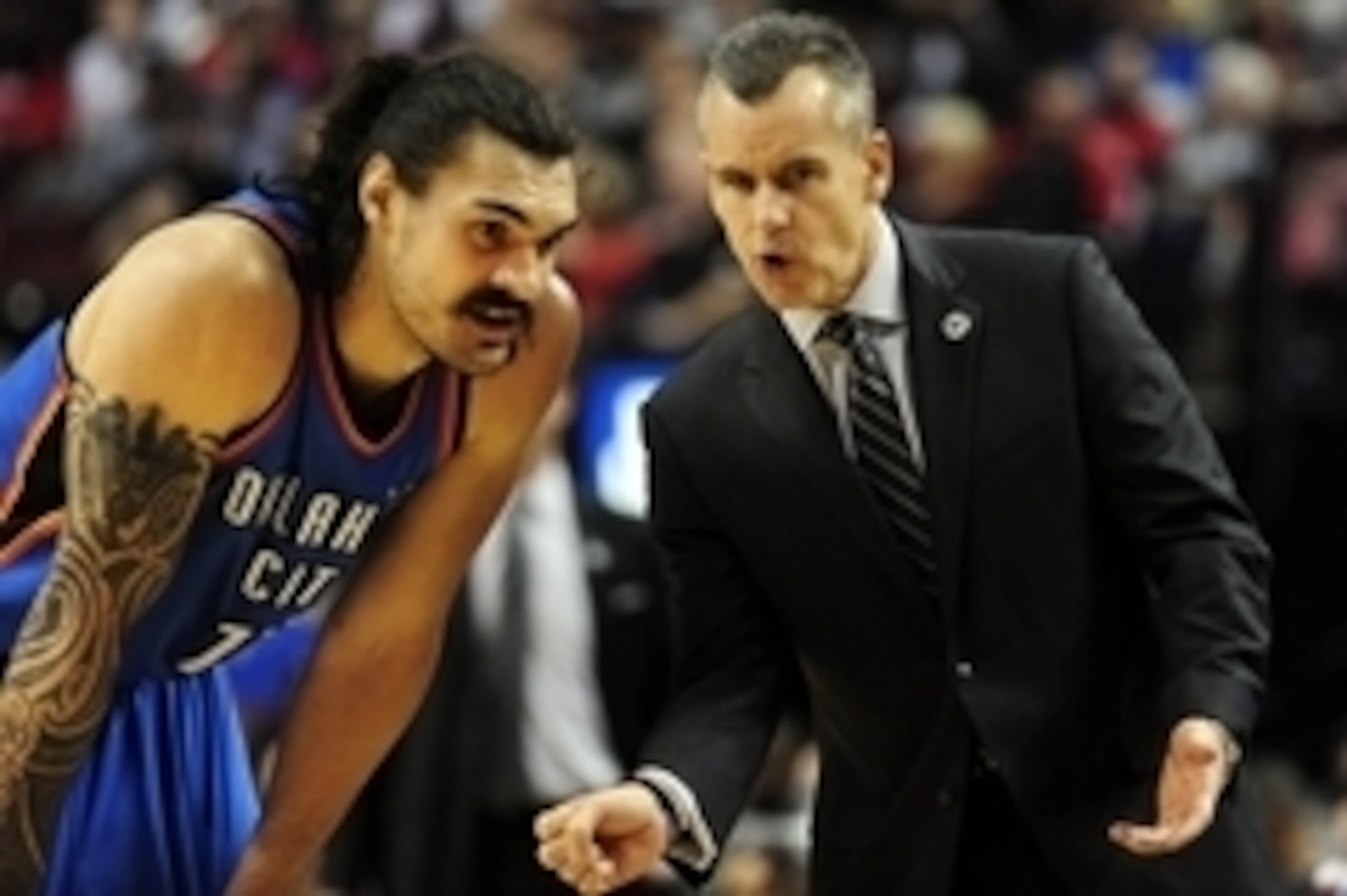 Apr 6, 2016; Portland, OR, USA; Oklahoma City Thunder center Steven Adams (12) listens to head coach Billy Donovan during a time out in the first quarter of the game against the Portland Trail Blazers at the Moda Center at the Rose Quarter. Mandatory Cred