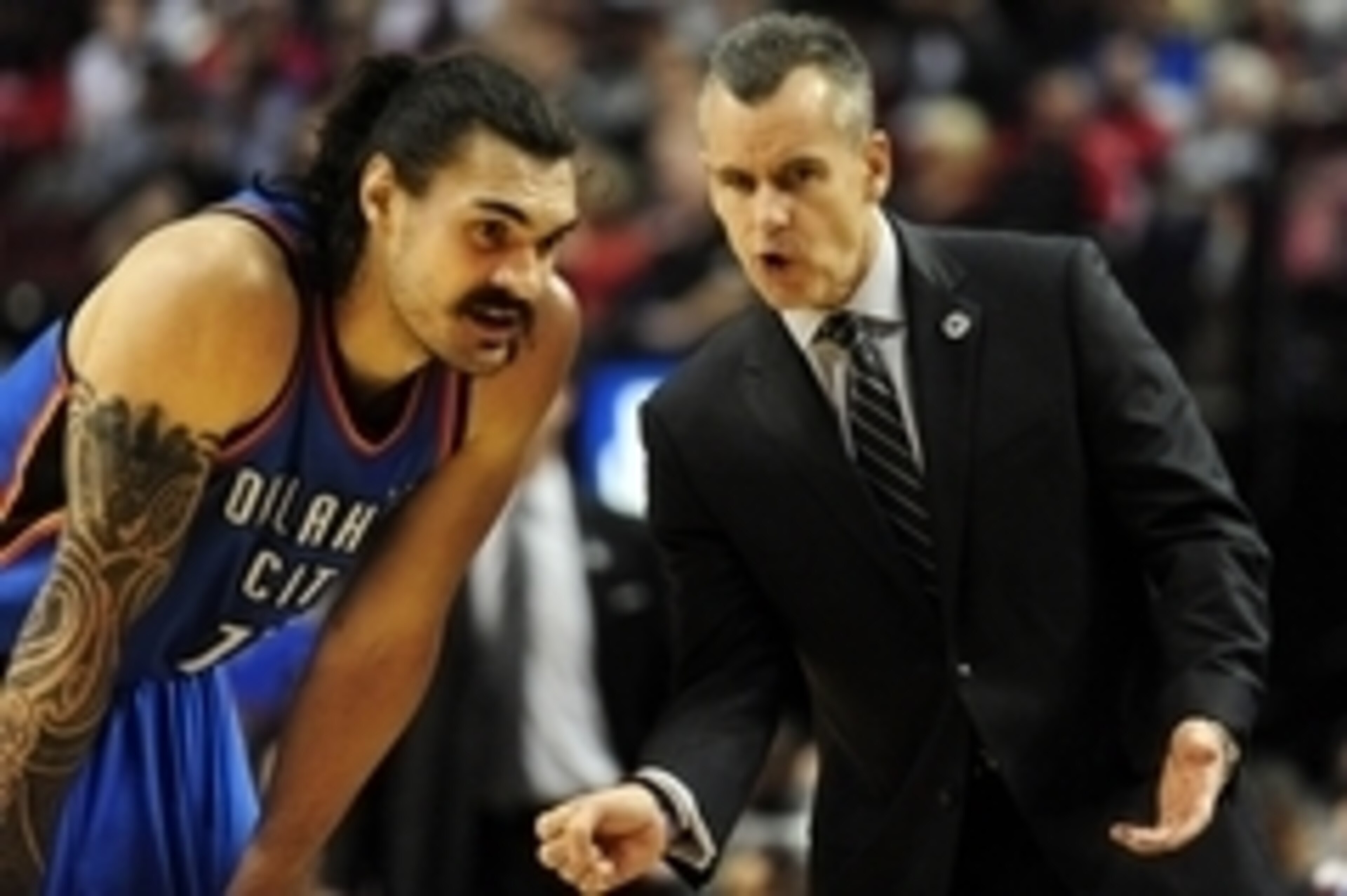 Apr 6, 2016; Portland, OR, USA; Oklahoma City Thunder center Steven Adams (12) listens to head coach Billy Donovan during a time out in the first quarter of the game against the Portland Trail Blazers at the Moda Center at the Rose Quarter. Mandatory Cred