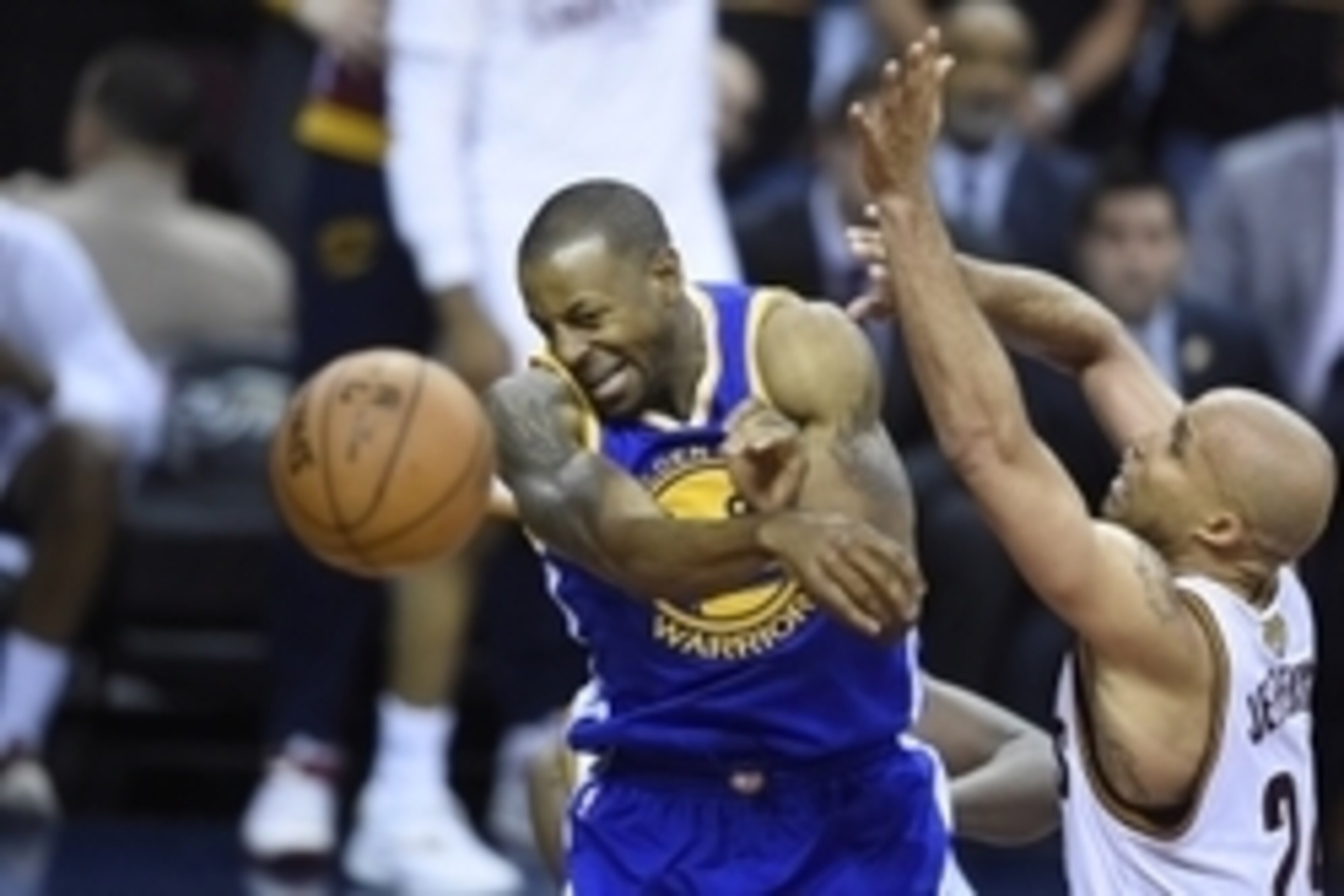 Jun 16, 2016; Cleveland, OH, USA; Golden State Warriors forward Andre Iguodala (9) passes the ball as Cleveland Cavaliers forward Richard Jefferson (24) defends during the fourth quarter in game six of the NBA Finals at Quicken Loans Arena. Mandatory Cred