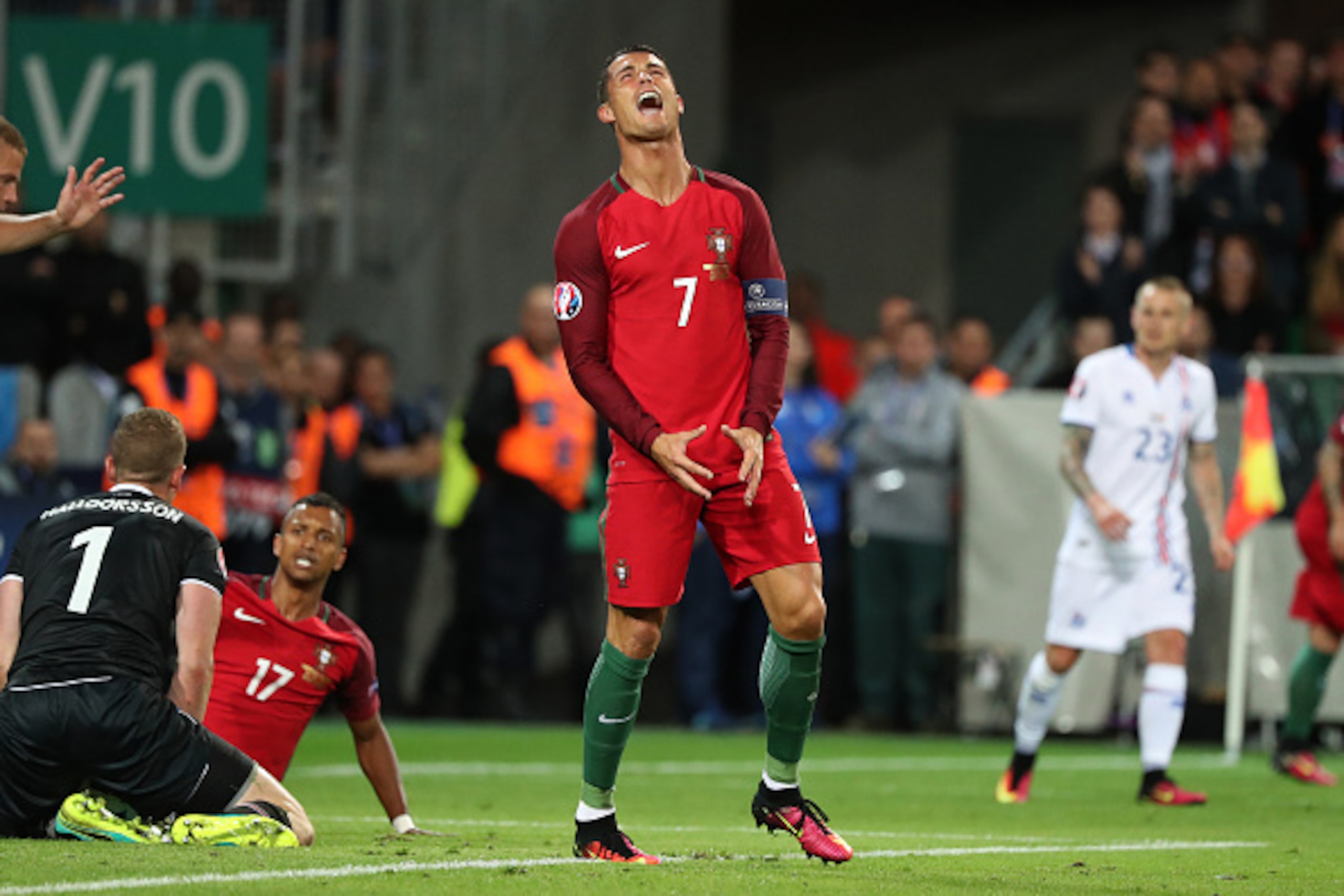SAINT-ETIENNE, FRANCE - JUNE 14: Cristiano Ronaldo of Portugal reacts during the UEFA EURO 2016 Group F match between Portugal and Iceland at Stade Geoffroy-Guichard on June 14, 2016 in Saint-Etienne, France. (Photo by Jean Catuffe/Getty Images)