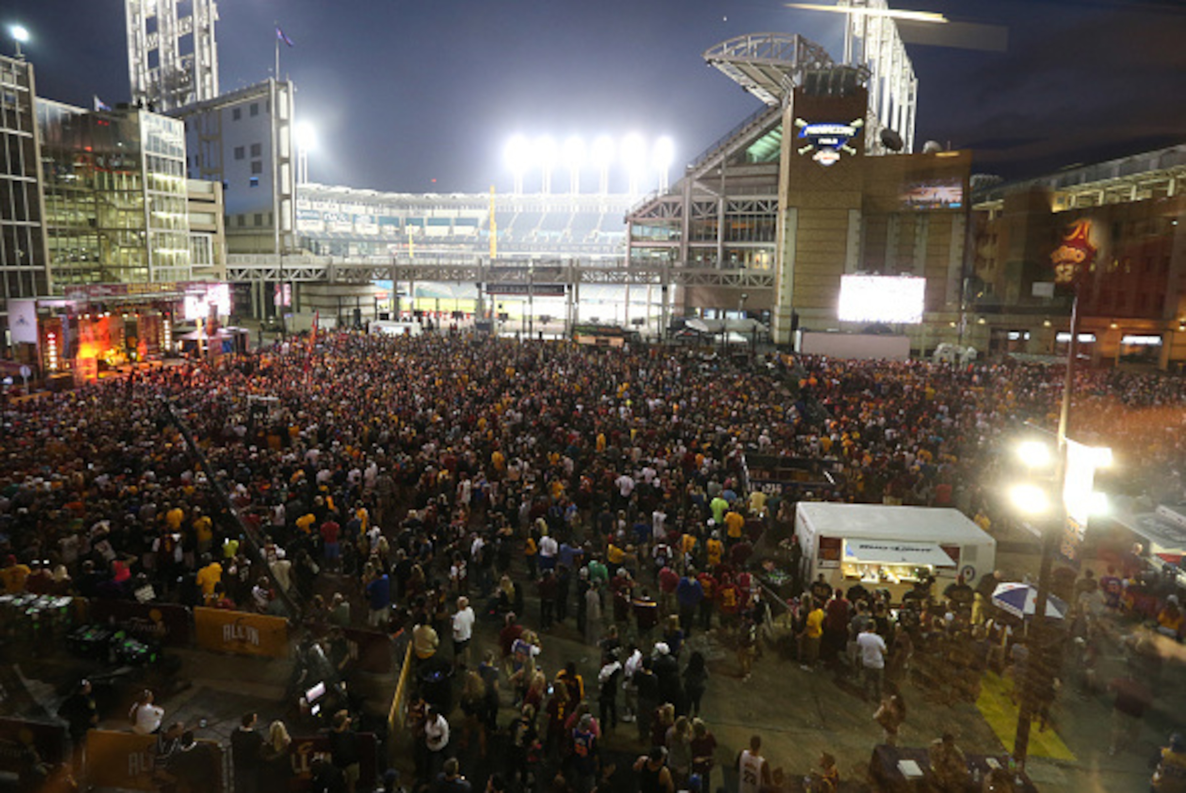 CLEVELAND, OH - JUNE16:  Fans outside the arena as the Cleveland Cavaliers face the Golden State Warriors during Game Six of the 2016 NBA Finals on June16, 2016 at Quicken Loans Arena in Cleveland, OH. NOTE TO USER: User expressly acknowledges and agrees 
