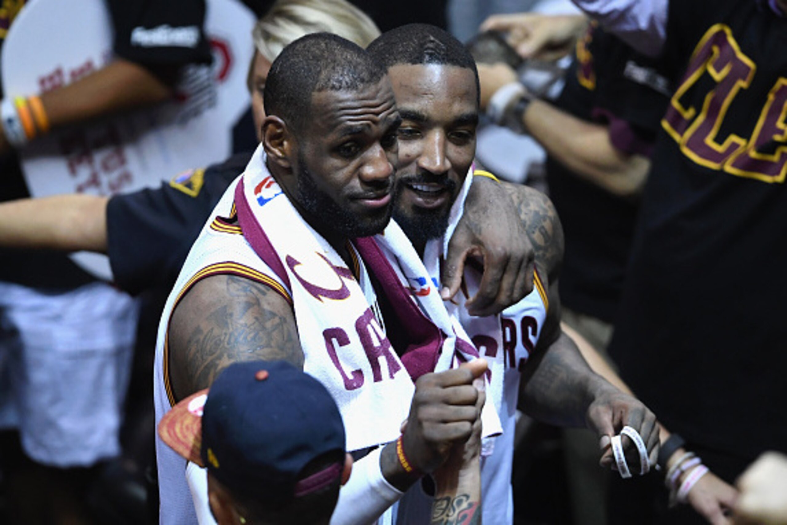 CLEVELAND, OH - JUNE 16:  LeBron James #23 of the Cleveland Cavaliers and J.R. Smith #5 react after defeating the Golden State Warriors 115-101 in Game 6 of the 2016 NBA Finals at Quicken Loans Arena on June 16, 2016 in Cleveland, Ohio. NOTE TO USER: User