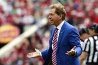 Apr 16, 2016; Tuscaloosa, AL, USA; Alabama Crimson Tide head coach Nick Saban gestures toward Julio Jones (not shown) during the annual A-day game at Bryant-Denny Stadium. Mandatory Credit: Marvin Gentry-USA TODAY Sports
