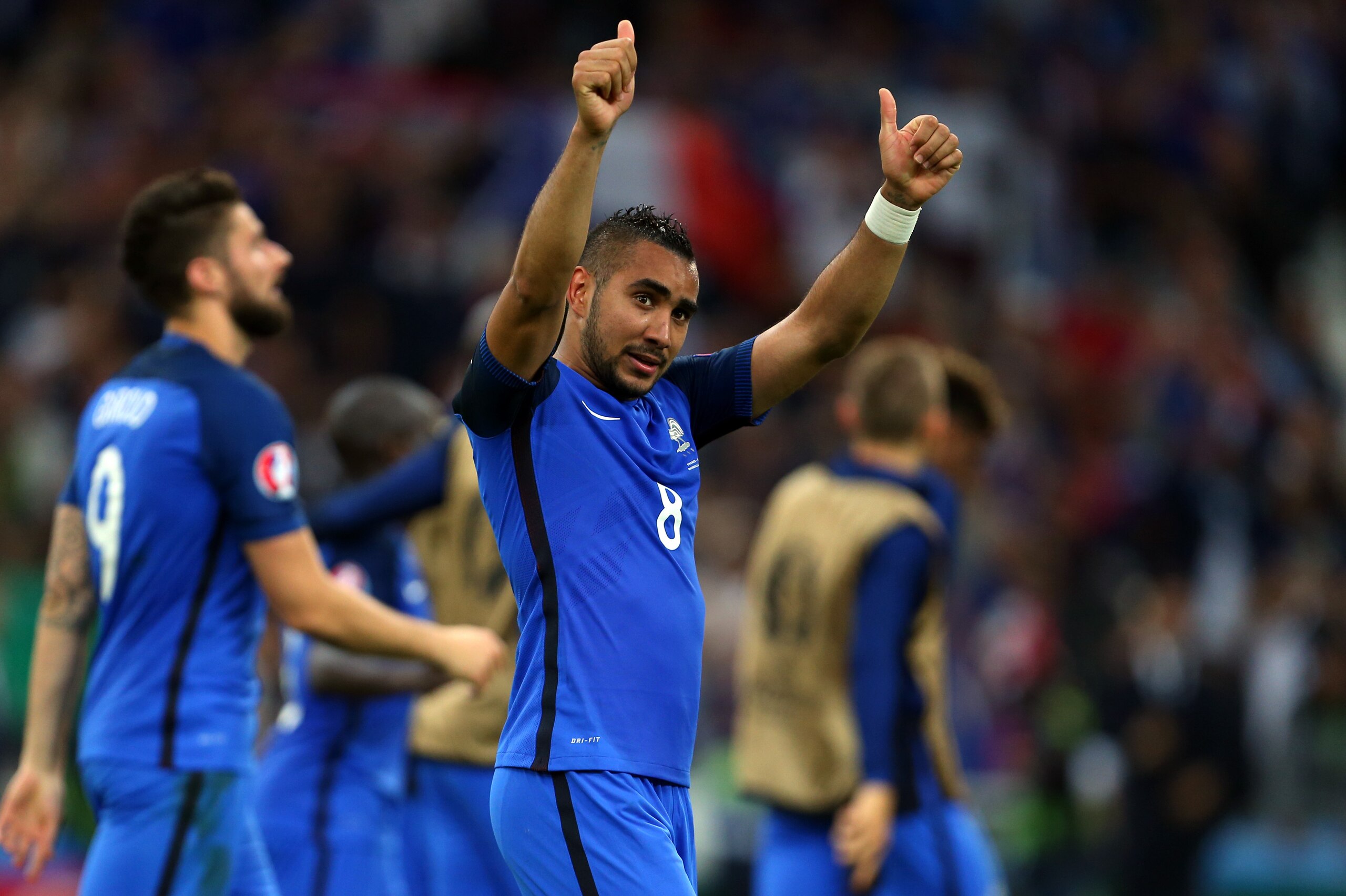 MARSEILLE, FRANCE - JUNE 15: A thumbs up from Dimitri Payet of France after the UEFA EURO 2016 Group A match between France and Albania at Stade Velodrome on June 15, 2016 in Marseille, France. (Photo by Catherine Ivill - AMA/Getty Images)