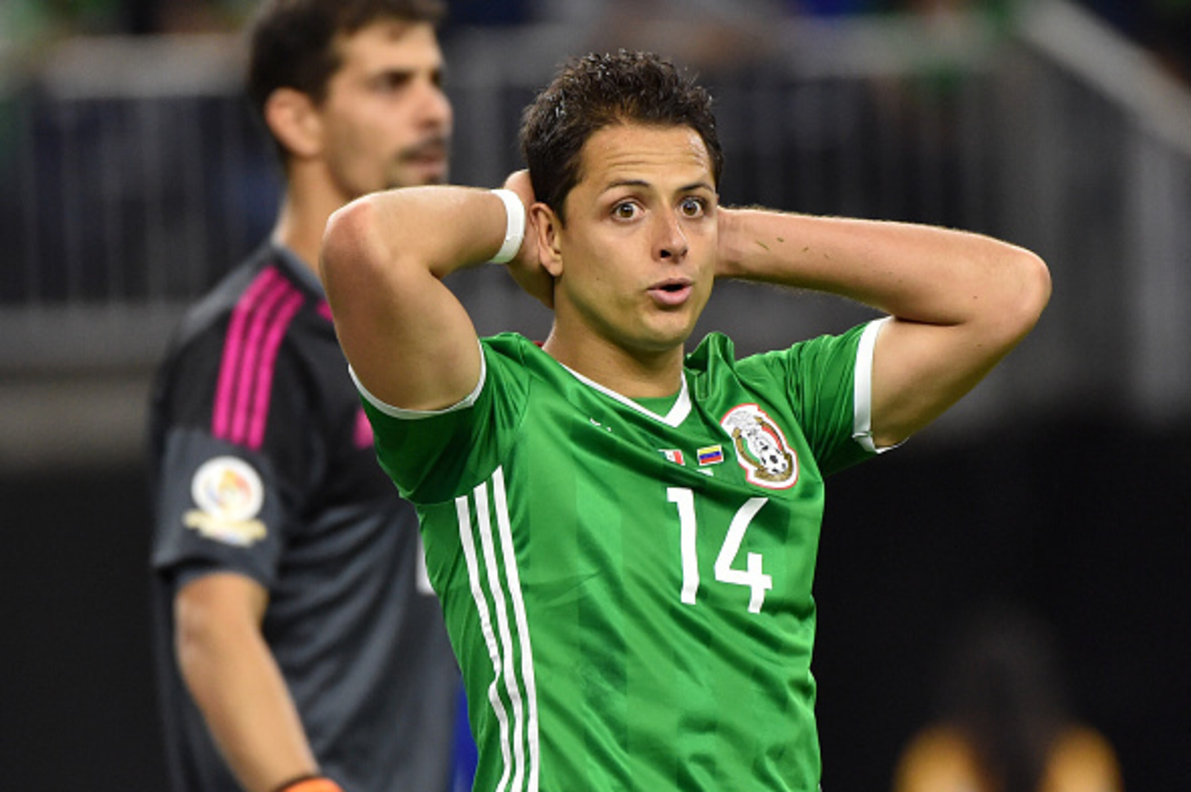 Mexico's Javier 'Chicharito' Hernandez reacts after missing a goal opportunity during their Copa America Centenario football tournament match in Houston, Texas, United States, on June 13, 2016.  / AFP / Nelson ALMEIDA        (Photo credit should read NELS