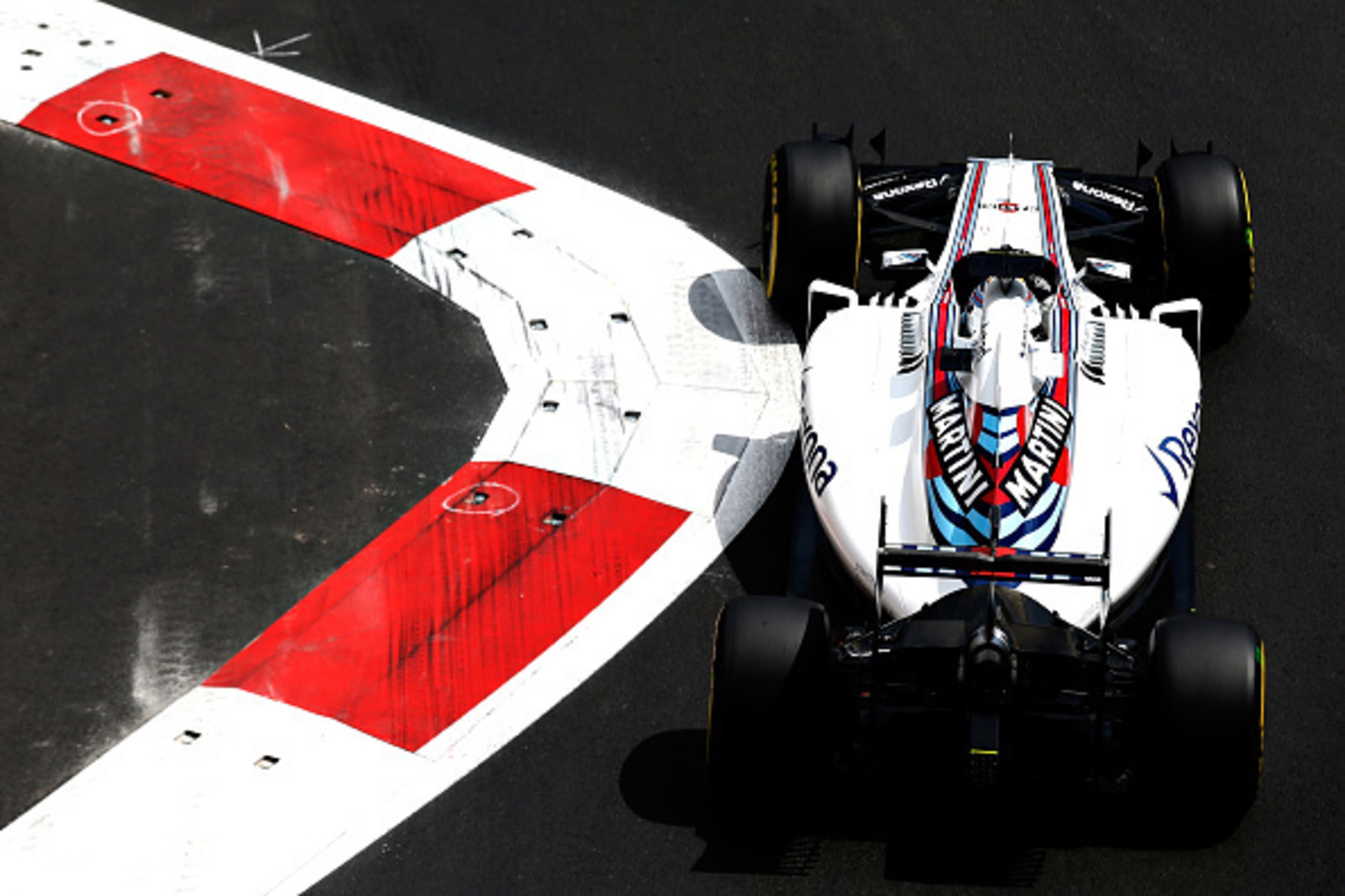BAKU, AZERBAIJAN - JUNE 17: Valtteri Bottas of Finland driving the (77) Williams Martini Racing Williams FW38 Mercedes PU106C Hybrid turbo on track during practice for the European Formula One Grand Prix at Baku City Circuit on June 17, 2016 in Baku, Azer BAKU, AZERBAIJAN - JUNE 17: Valtteri Bottas of Finland driving the (77) Williams Martini Racing Williams FW38 Mercedes PU106C Hybrid turbo on track during practice for the European Formula One Grand Prix at Baku City Circuit on June 17, 2016 in Baku, Azer