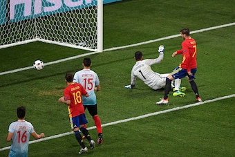 NICE, FRANCE - JUNE 17:  Alvaro Morata of Spain scores his sides third and his second goal past Volkan Babacan of Turkey during the UEFA EURO 2016 Group D match between Spain and Turkey at Allianz Riviera Stadium on June 17, 2016 in Nice, France.  (Photo 