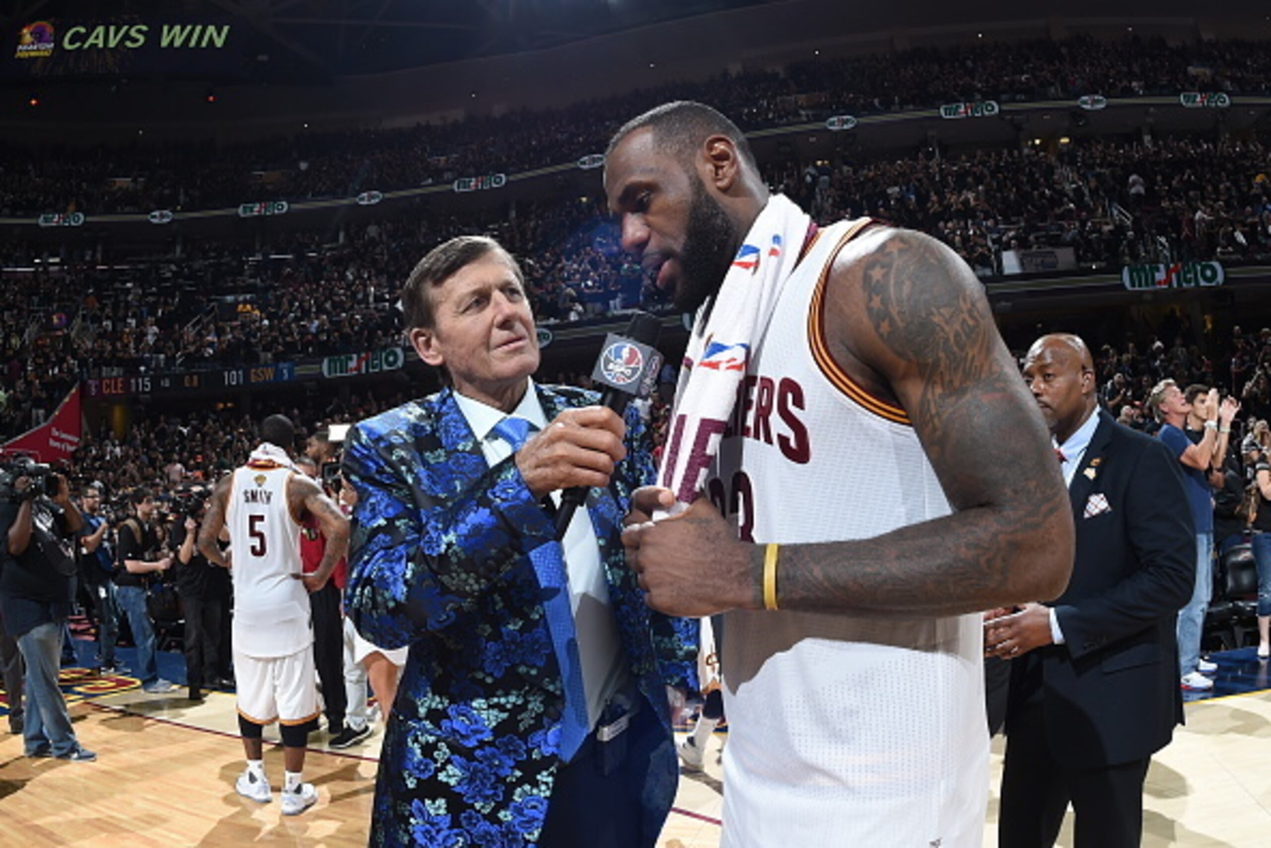 CLEVELAND, OH - JUNE 16:  TV personality Craig Sager interviews LeBron James #23 of the Cleveland Cavaliers after the Cavaliers defeated the Golden State Warriors in Game Six of the 2016 NBA Finals on June 16, 2016 at Quicken Loans Arena in Cleveland, Ohi