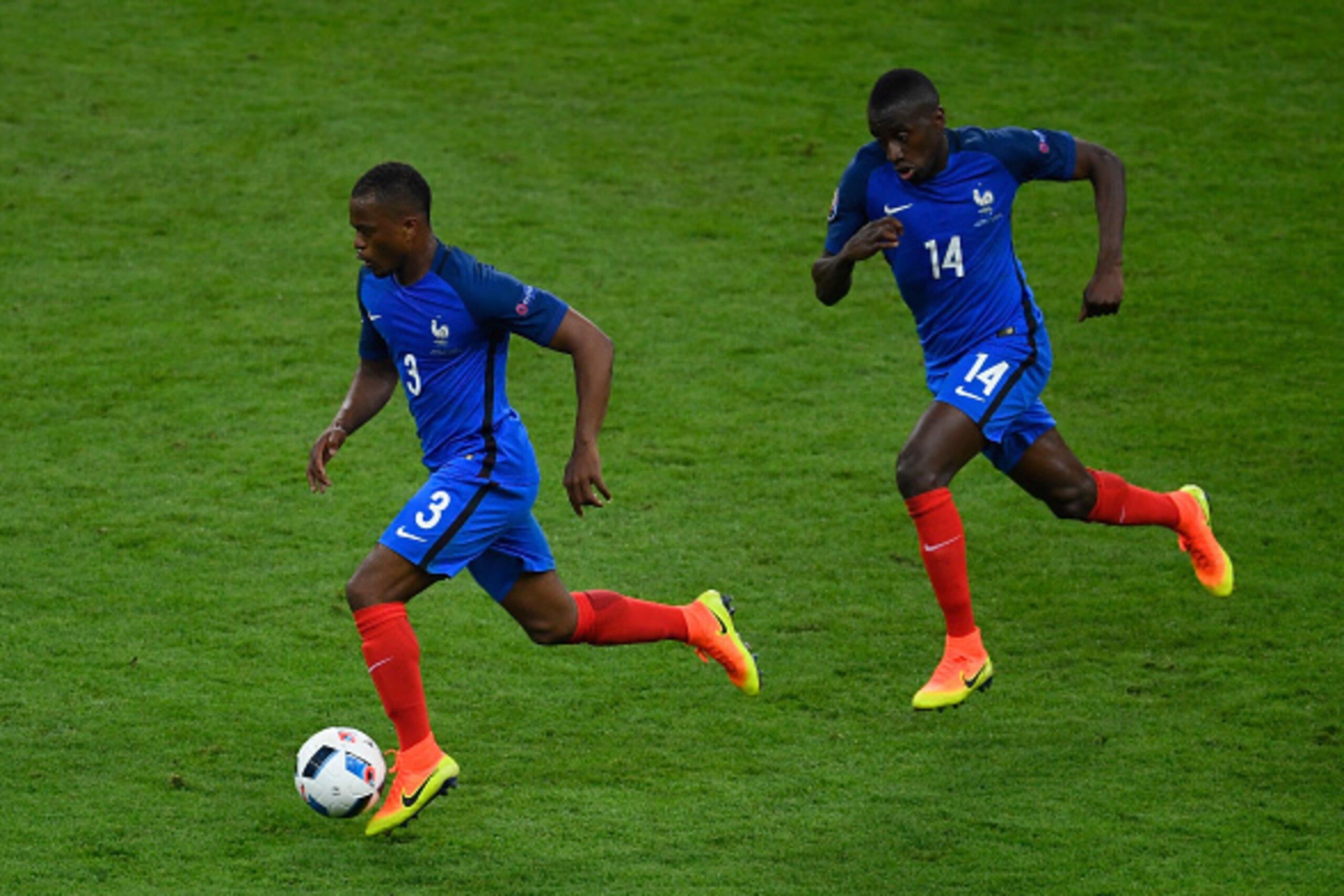 PARIS, FRANCE - JUNE 10: Patrice Evra and Blaise Matuidi of France in action during the UEFA Euro 2016 Group A match between France and Romania at Stade de France on June 10, 2016 in Paris, France.  (Photo by Mike Hewitt/Getty Images)