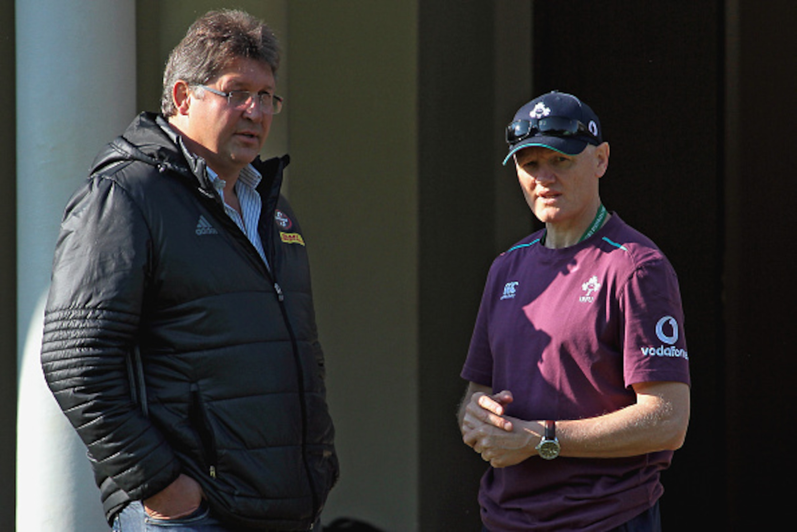 CAPE TOWN, SOUTH AFRICA - JUNE 07: Gert Smal (WP Director of Rugby) chats with Joe Schmidt (Ireland Head coach) during the Irish national rugby team training session at Westerford High School fields on June 07, 2016 in Cape Town, South Africa. (Photo by G