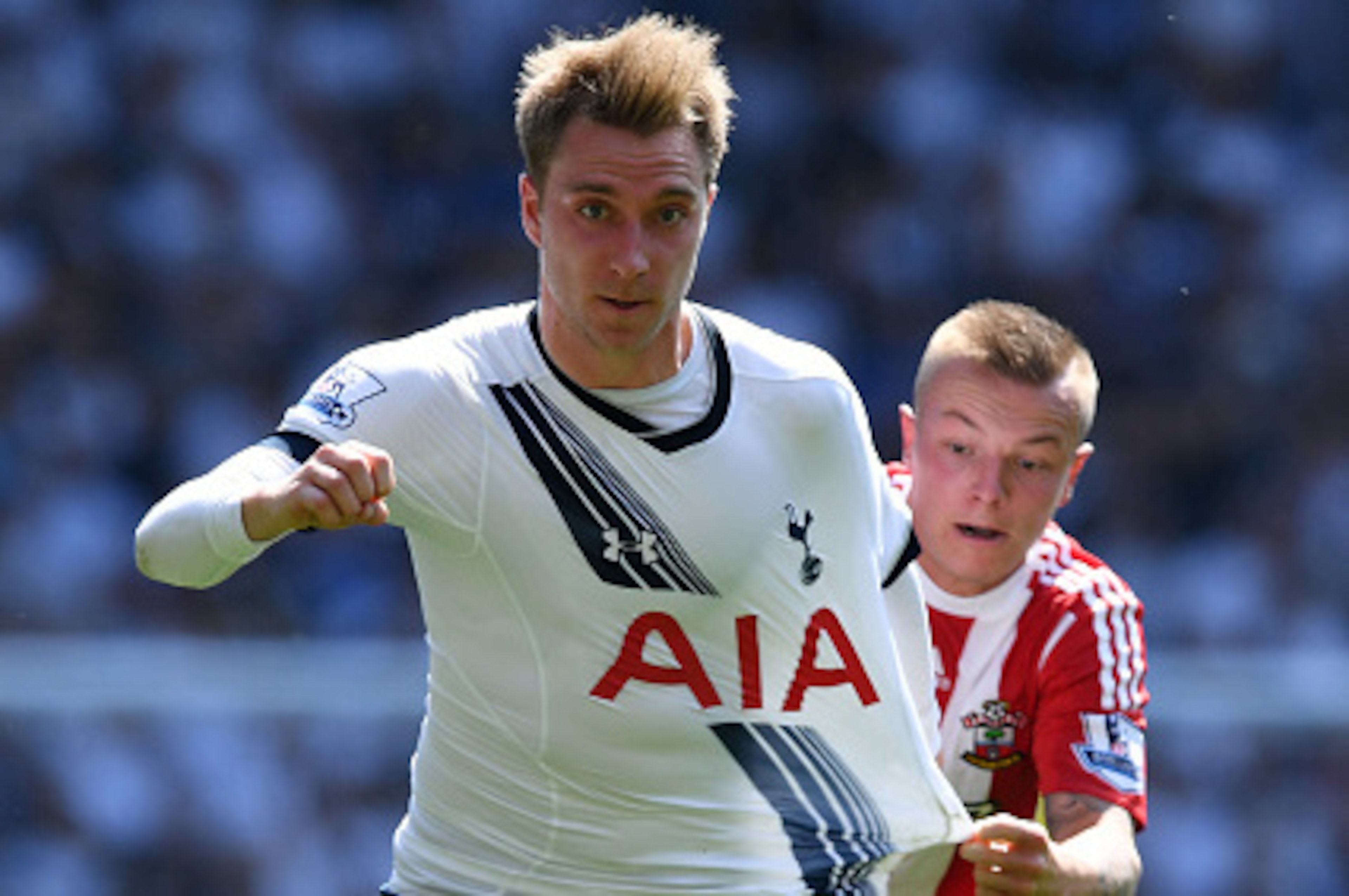 LONDON, ENGLAND - MAY 08:  Jordy Clasie of Southampton chases down Christian Eriksen of Tottenham Hotspur during the Barclays Premier League match between Tottenham Hotspur and Southampton at White Hart Lane on May 8, 2016 in London, England.  (Photo by S