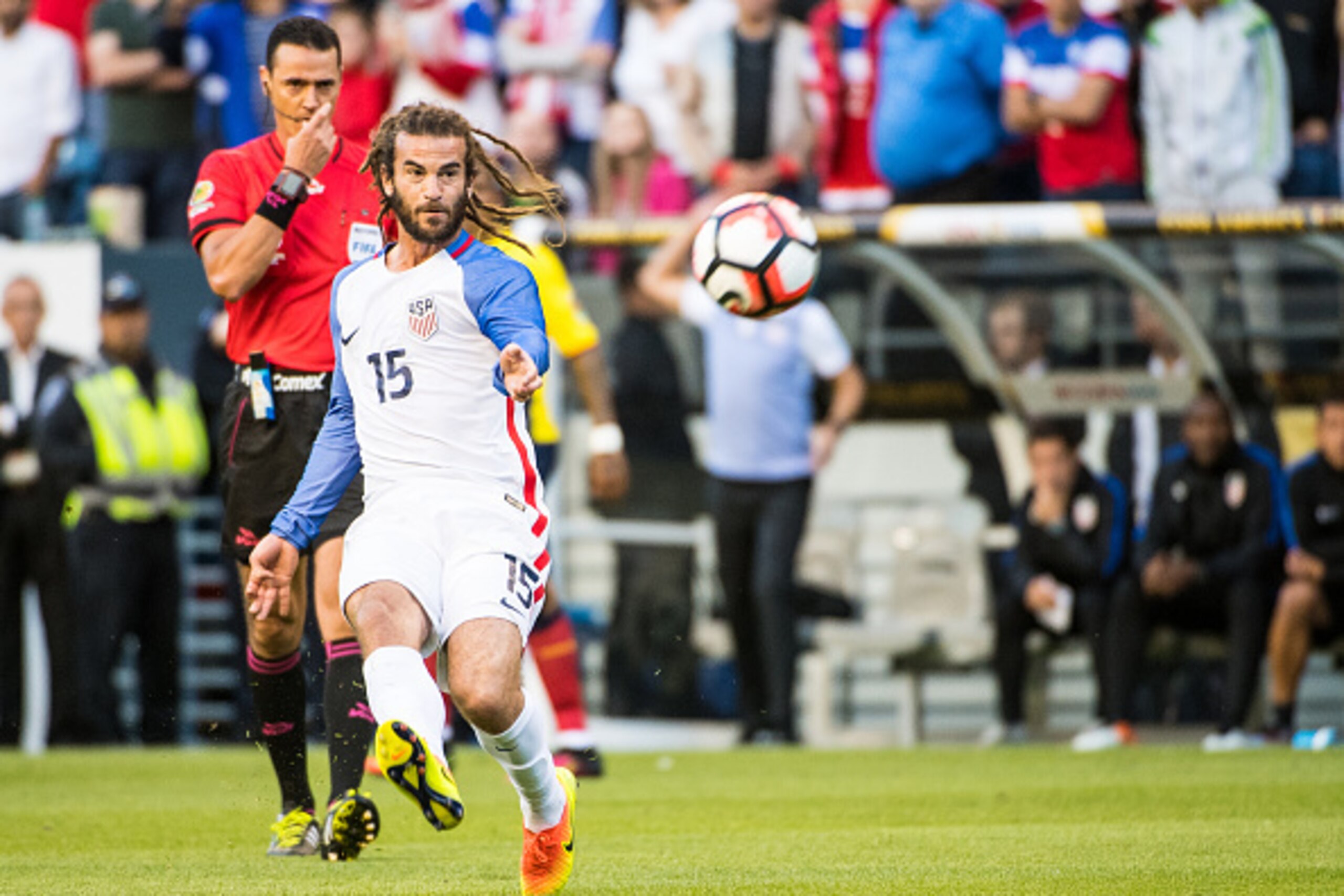 SEATTLE, WA - JUNE 16: Kyle Beckerman #15 of United States shoots the ball during the Copa America Centenario Quarterfinal match between United States and Ecuador at CenturyLink Field on June 16, 2016 in Seattle, Washington. The United States won the matc