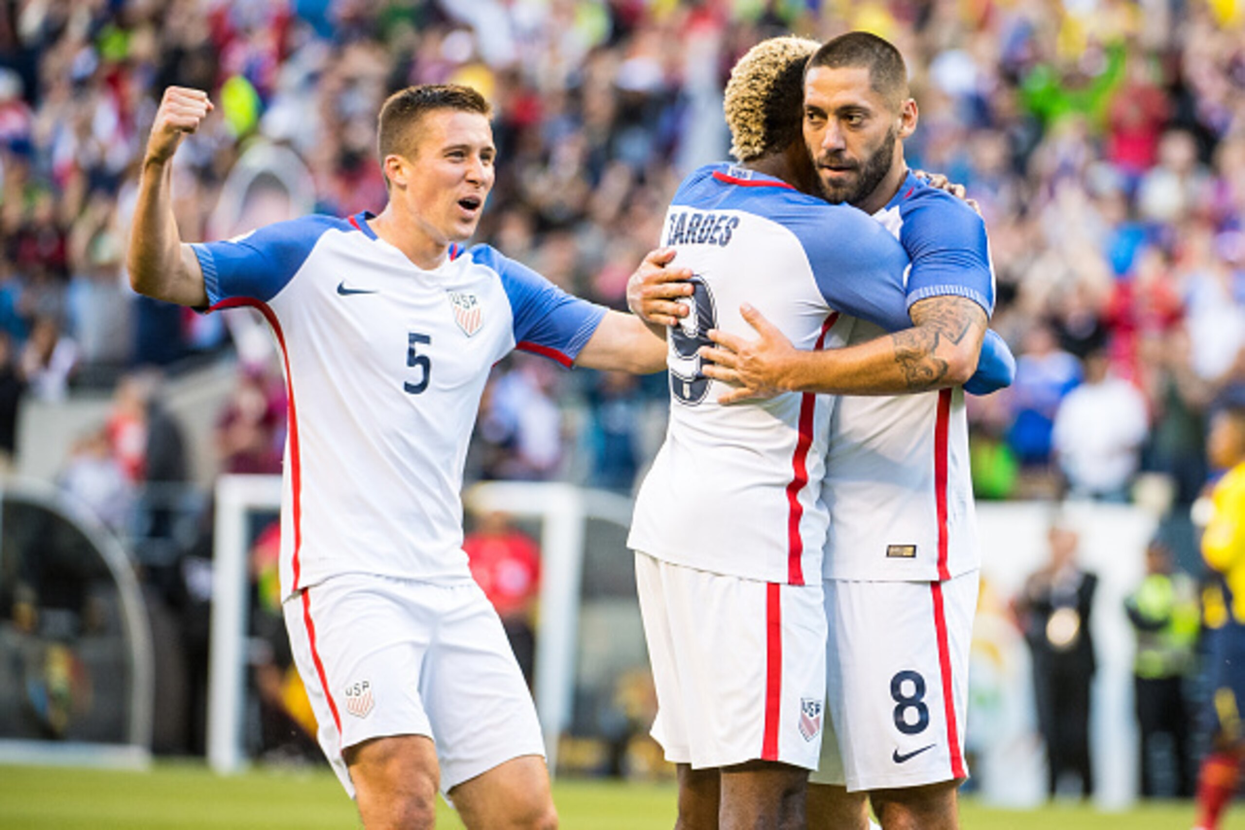 SEATTLE, WA - JUNE 16: Gyasi Zerdes #9 of United States celebrates his goal with Clint Dempsey #8 of United States during the Copa America Centenario Quarterfinal match between United States and Ecuador at CenturyLink Field on June 16, 2016 in Seattle, Wa