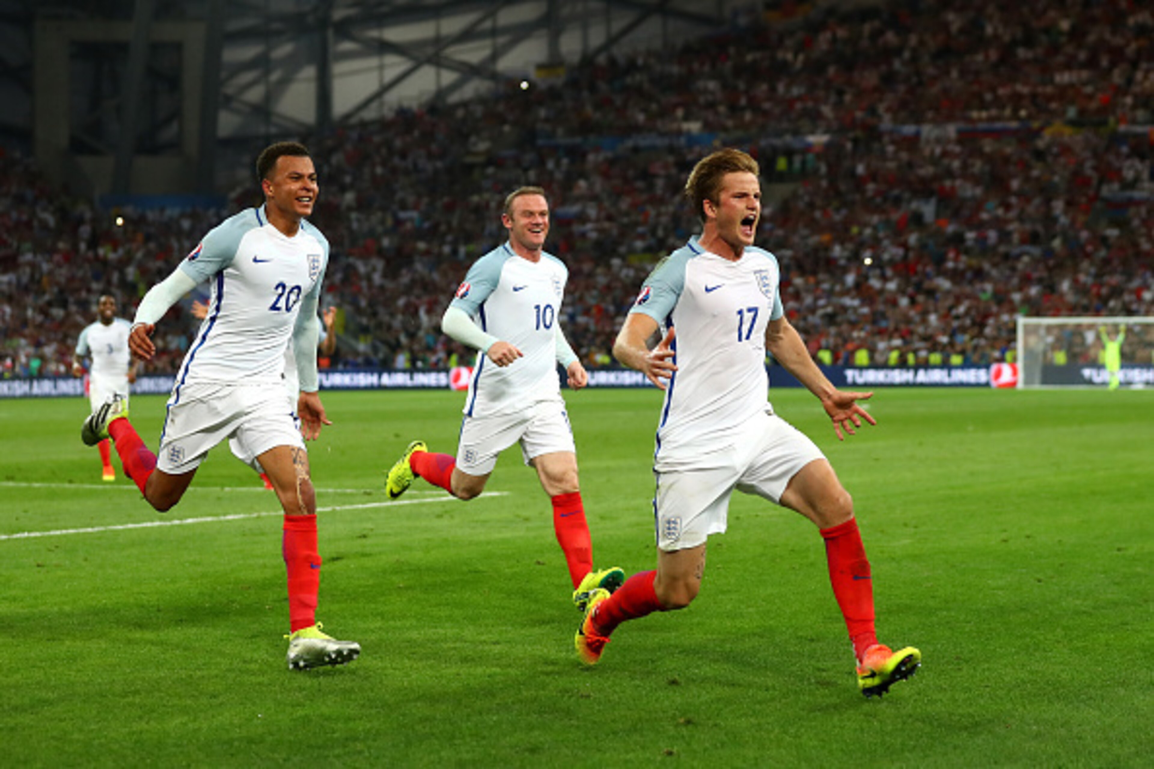MARSEILLE, FRANCE - JUNE 11:  Eric Dier (R) of England celebrates scoring his team's first goal with his team mates Dele Alli (L) and Wayne Rooney (C) during the UEFA EURO 2016 Group B match between England and Russia at Stade Velodrome on June 11, 2016 i