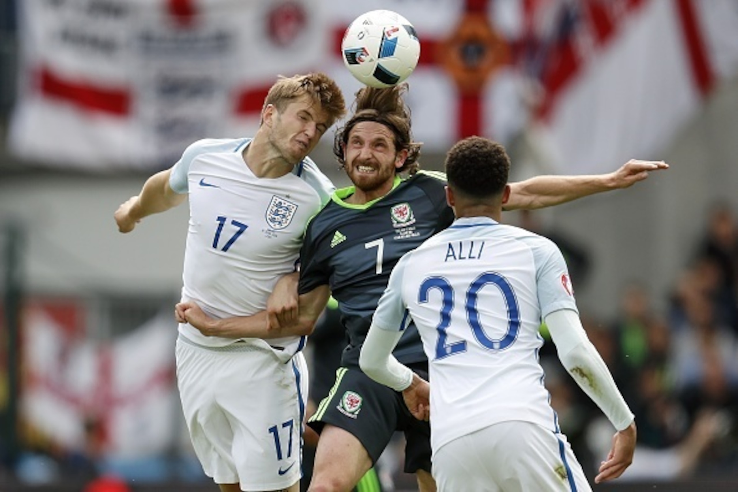 (L-R) Eric Dier of England, Joe Allen of Wales, Dele Alli of England during the Euro group stage match between England and Wales at the Stade Bollaert-Delelis on june 16, 2016 in Lens, France(Photo by VI Images via Getty Images)