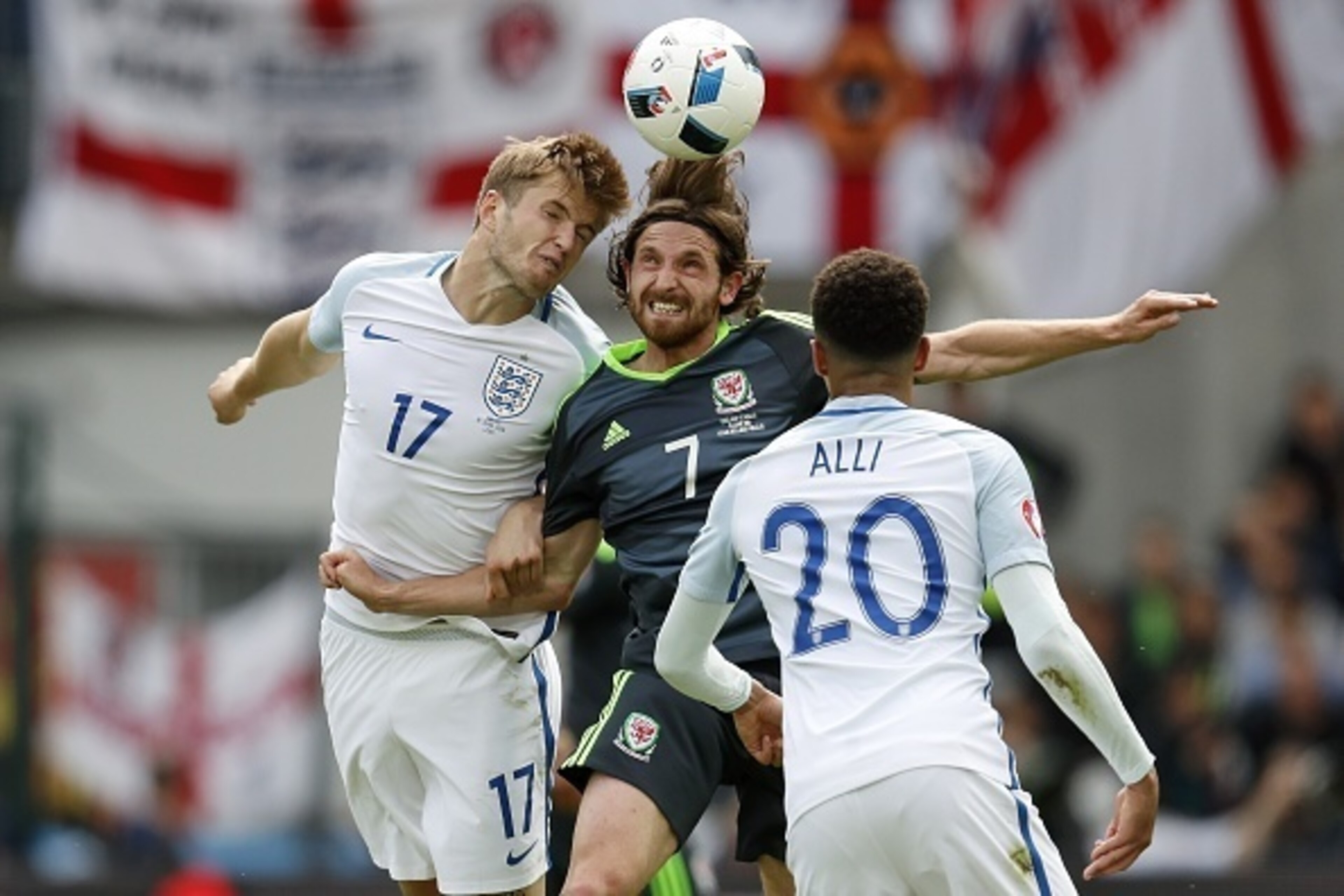 (L-R) Eric Dier of England, Joe Allen of Wales, Dele Alli of England during the Euro group stage match between England and Wales at the Stade Bollaert-Delelis on june 16, 2016 in Lens, France(Photo by VI Images via Getty Images)