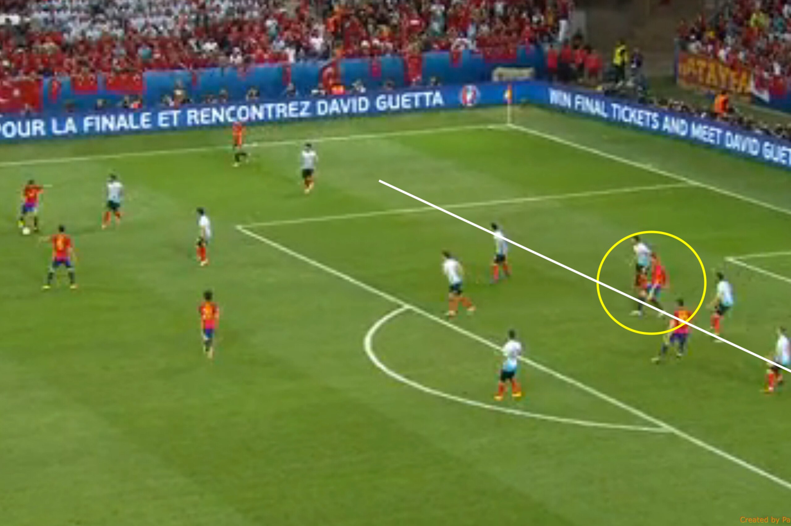 Morata's positioning pins Turkey deep, creating Spain's first goal.