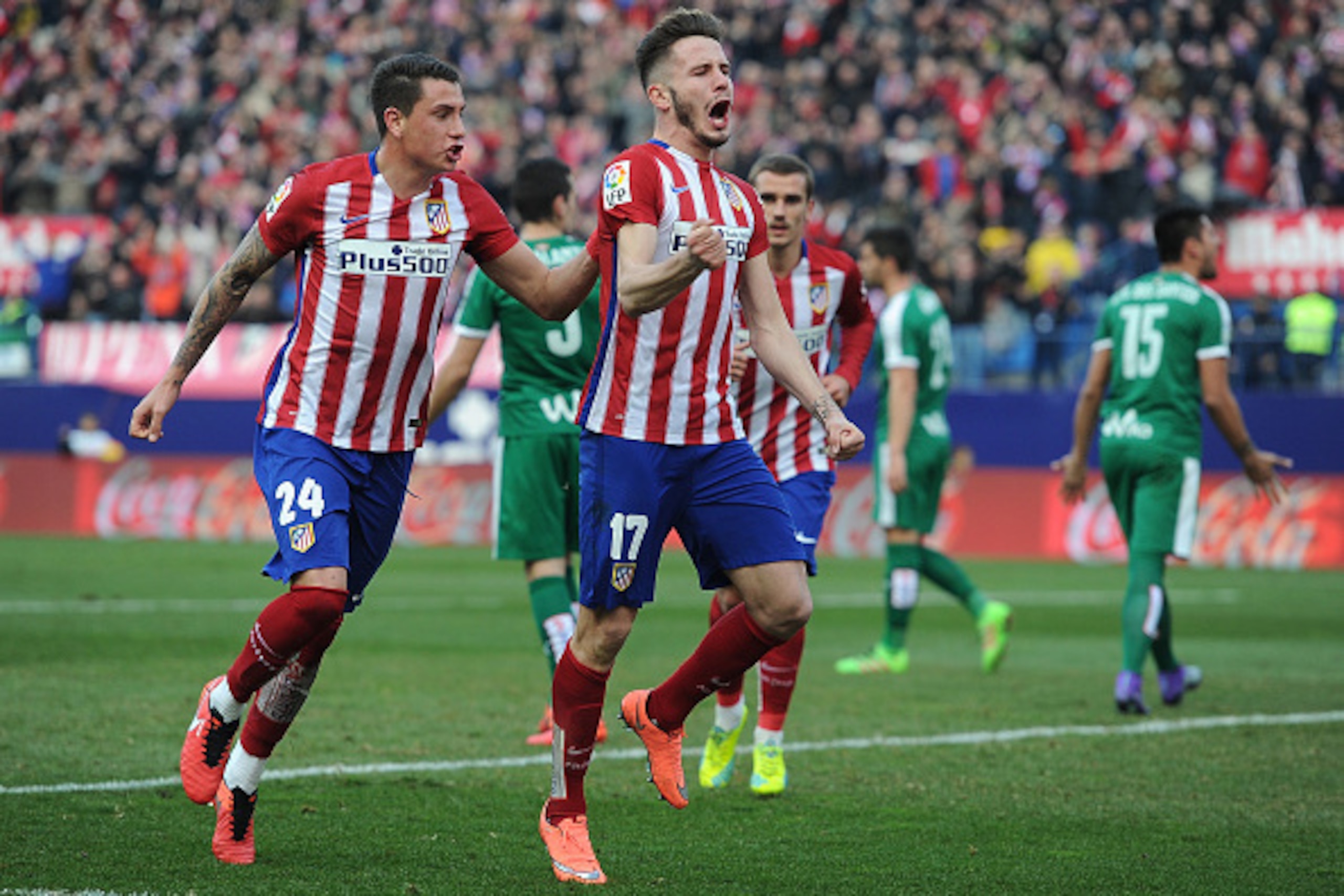 MADRID, SPAIN - FEBRUARY 06: Saul Niguez of Club Atletico de Madrid celebrates with Jose Maria Gimenez after scoring his team's 2nd goal during the La Liga match between Club Atletico de Madrid and SD Eibar at Vicente Calderon Stadium on February 6, 2016 MADRID, SPAIN - FEBRUARY 06: Saul Niguez of Club Atletico de Madrid celebrates with Jose Maria Gimenez after scoring his team's 2nd goal during the La Liga match between Club Atletico de Madrid and SD Eibar at Vicente Calderon Stadium on February 6, 2016