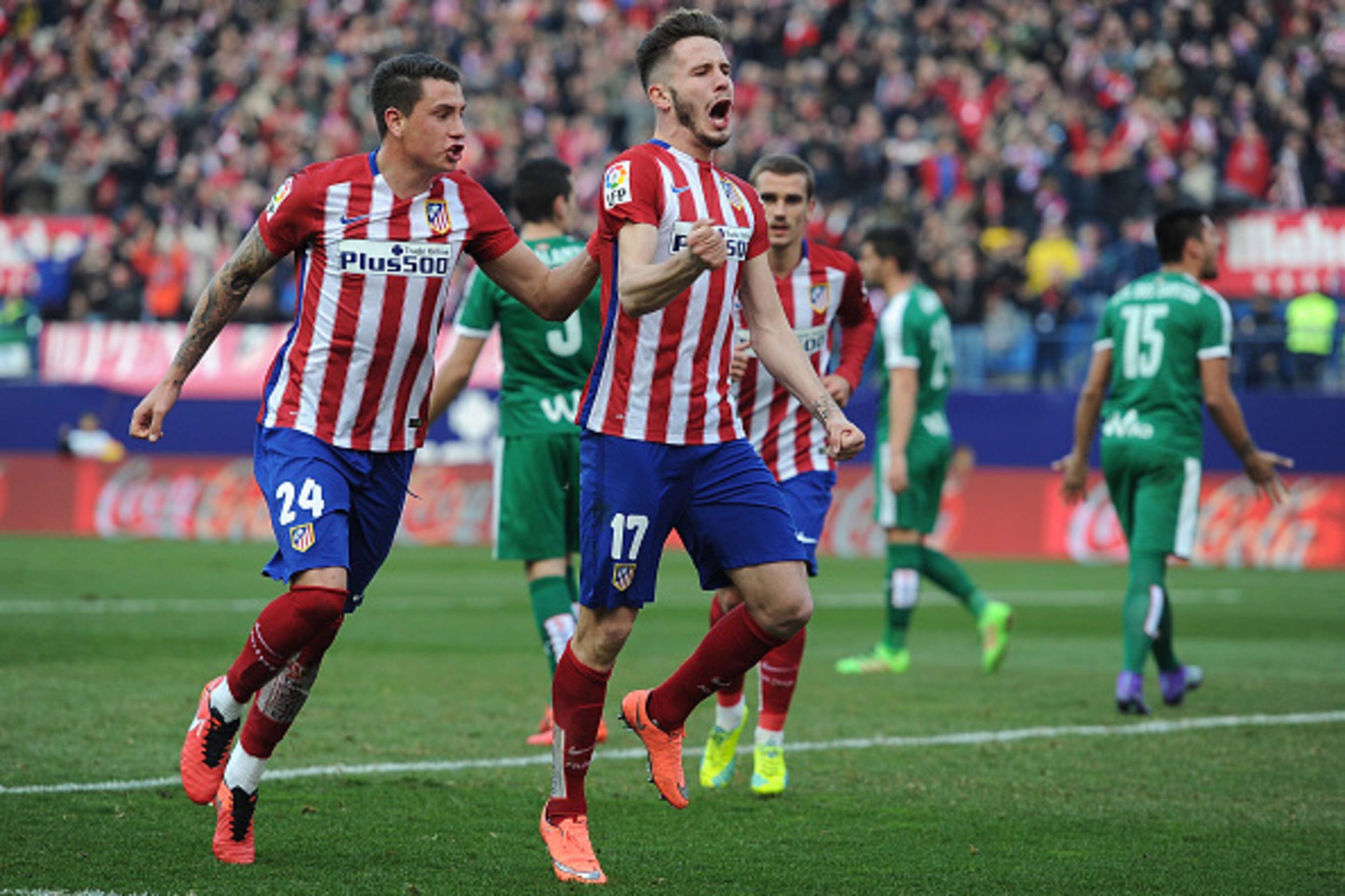 MADRID, SPAIN - FEBRUARY 06:  Saul Niguez of Club Atletico de Madrid celebrates with Jose Maria Gimenez after scoring his team's 2nd goal during the La Liga match between Club Atletico de Madrid and SD Eibar at Vicente Calderon Stadium on February 6, 2016