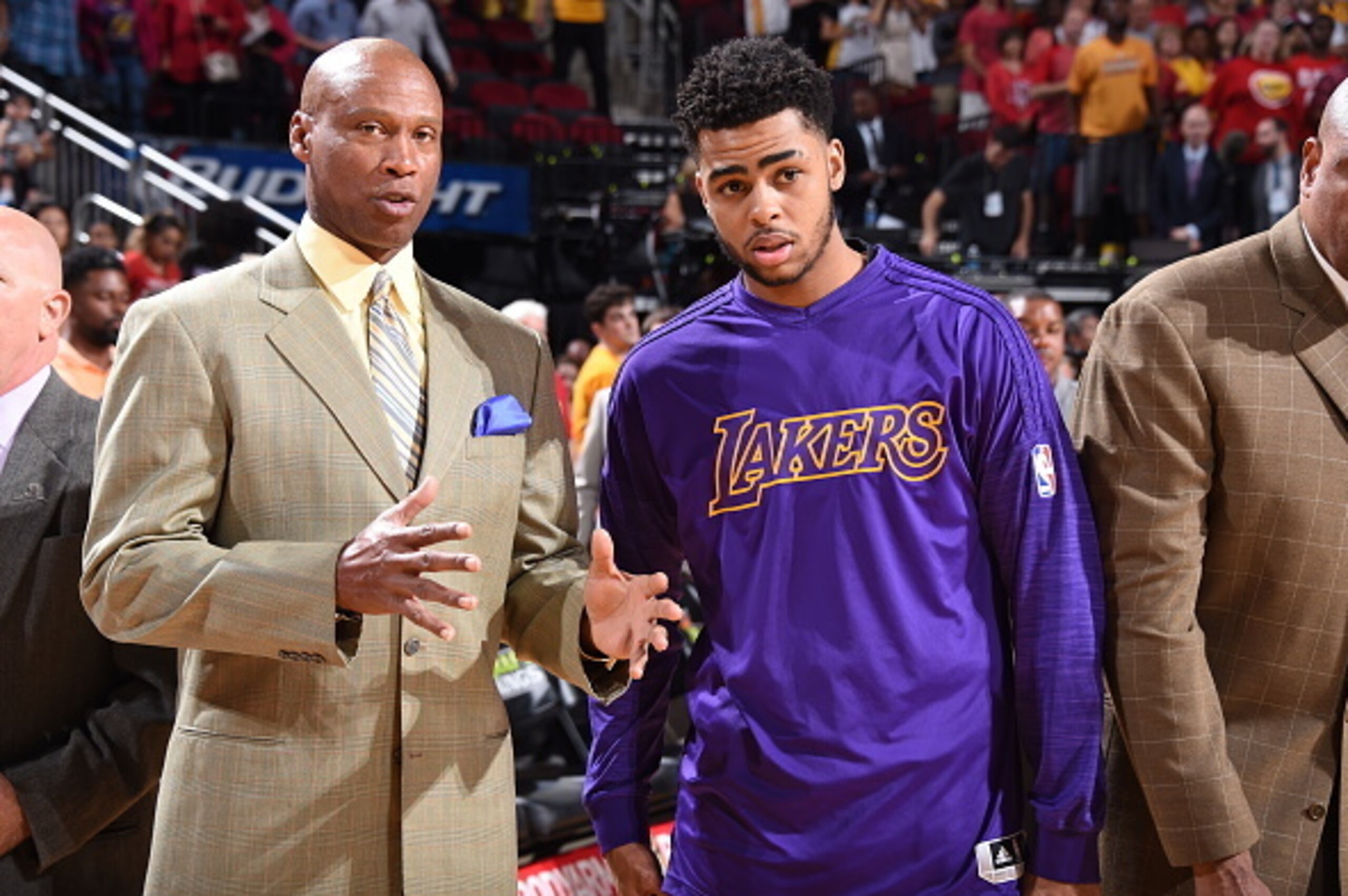 HOUSTON, TX - APRIL 10:  Head coach Byron Scott of the Los Angeles Lakers and D'Angelo Russell #1 of the Los Angeles Lakers talk before the game against the Houston Rockets on April 10, 2016 at the Toyota Center in Houston, Texas. NOTE TO USER: User expre