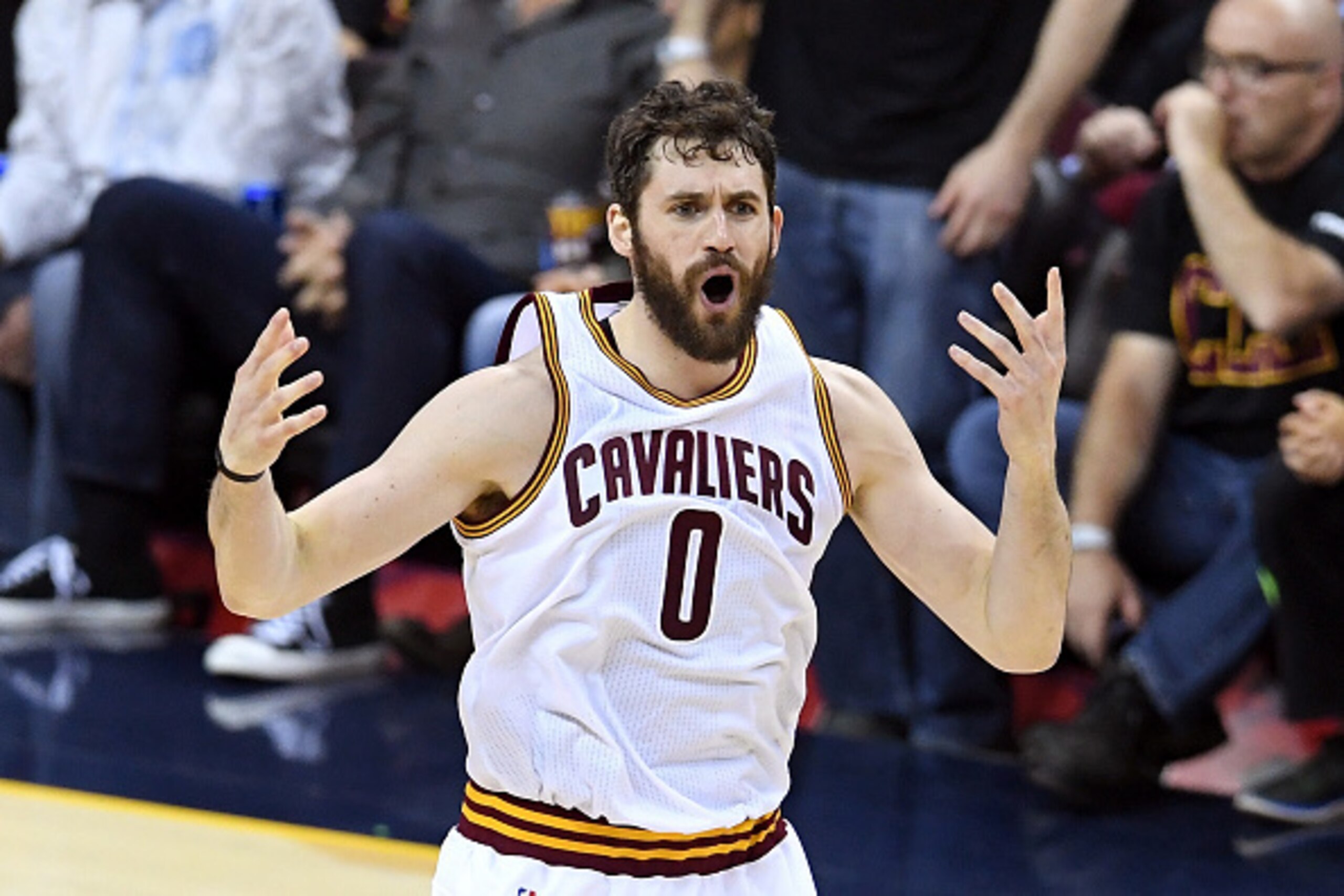 CLEVELAND, OH - JUNE 16:  Kevin Love #0 of the Cleveland Cavaliers reacts after a play in the first half against the Golden State Warriors in Game 6 of the 2016 NBA Finals at Quicken Loans Arena on June 16, 2016 in Cleveland, Ohio. NOTE TO USER: User expr
