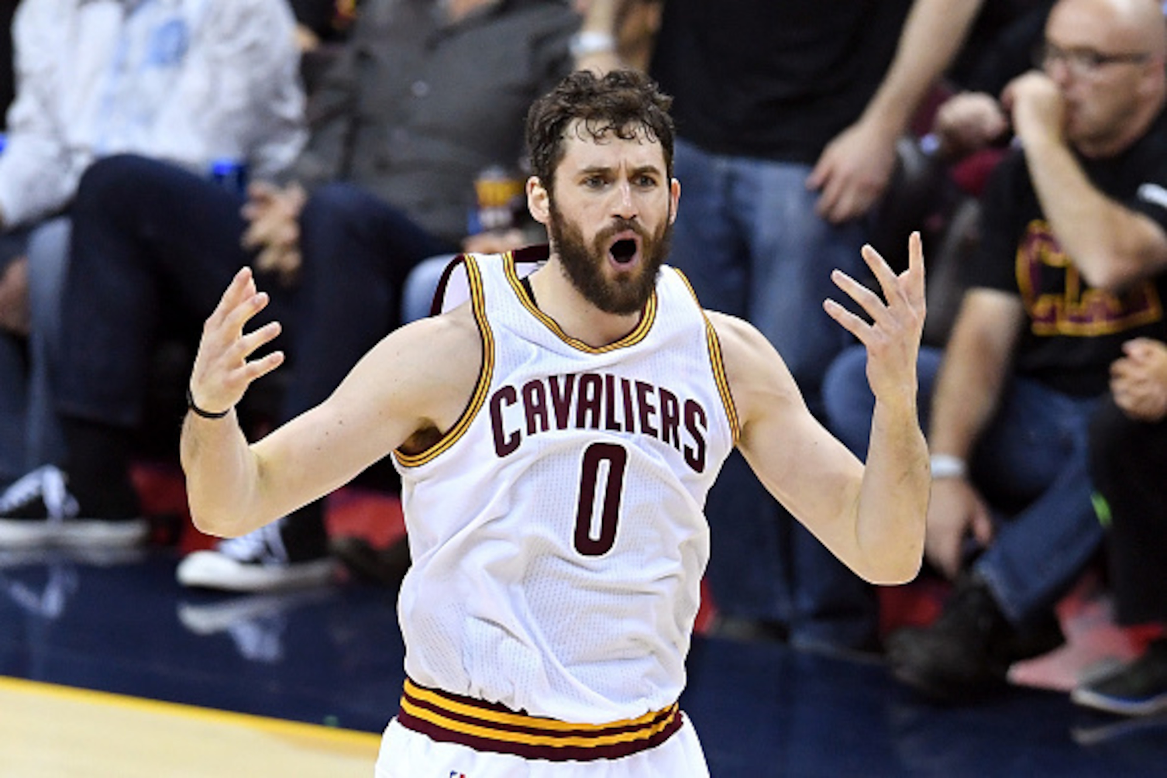 CLEVELAND, OH - JUNE 16:  Kevin Love #0 of the Cleveland Cavaliers reacts after a play in the first half against the Golden State Warriors in Game 6 of the 2016 NBA Finals at Quicken Loans Arena on June 16, 2016 in Cleveland, Ohio. NOTE TO USER: User expr