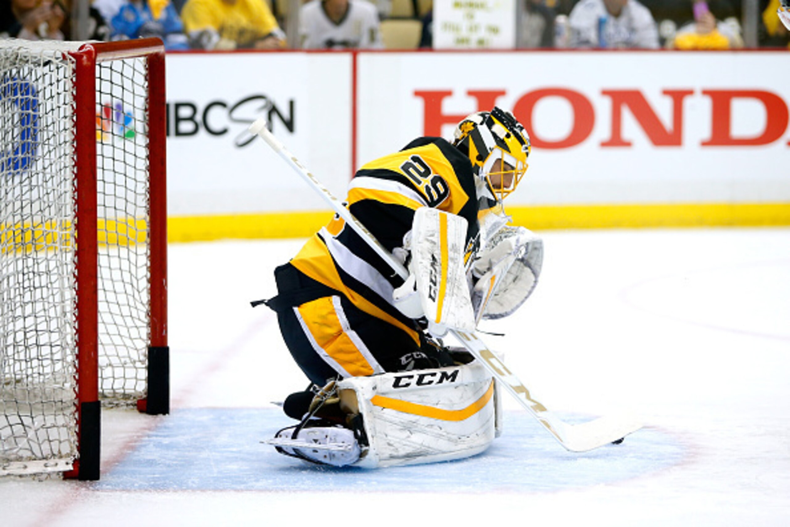 PITTSBURGH, PA - MAY 22:  Marc-Andre Fleury #29 of the Pittsburgh Penguins warms-up prior to Game Five of the Eastern Conference Final against the Tampa Bay Lightning during the 2016 NHL Stanley Cup Playoffs at Consol Energy Center on May 22, 2016 in Pitt
