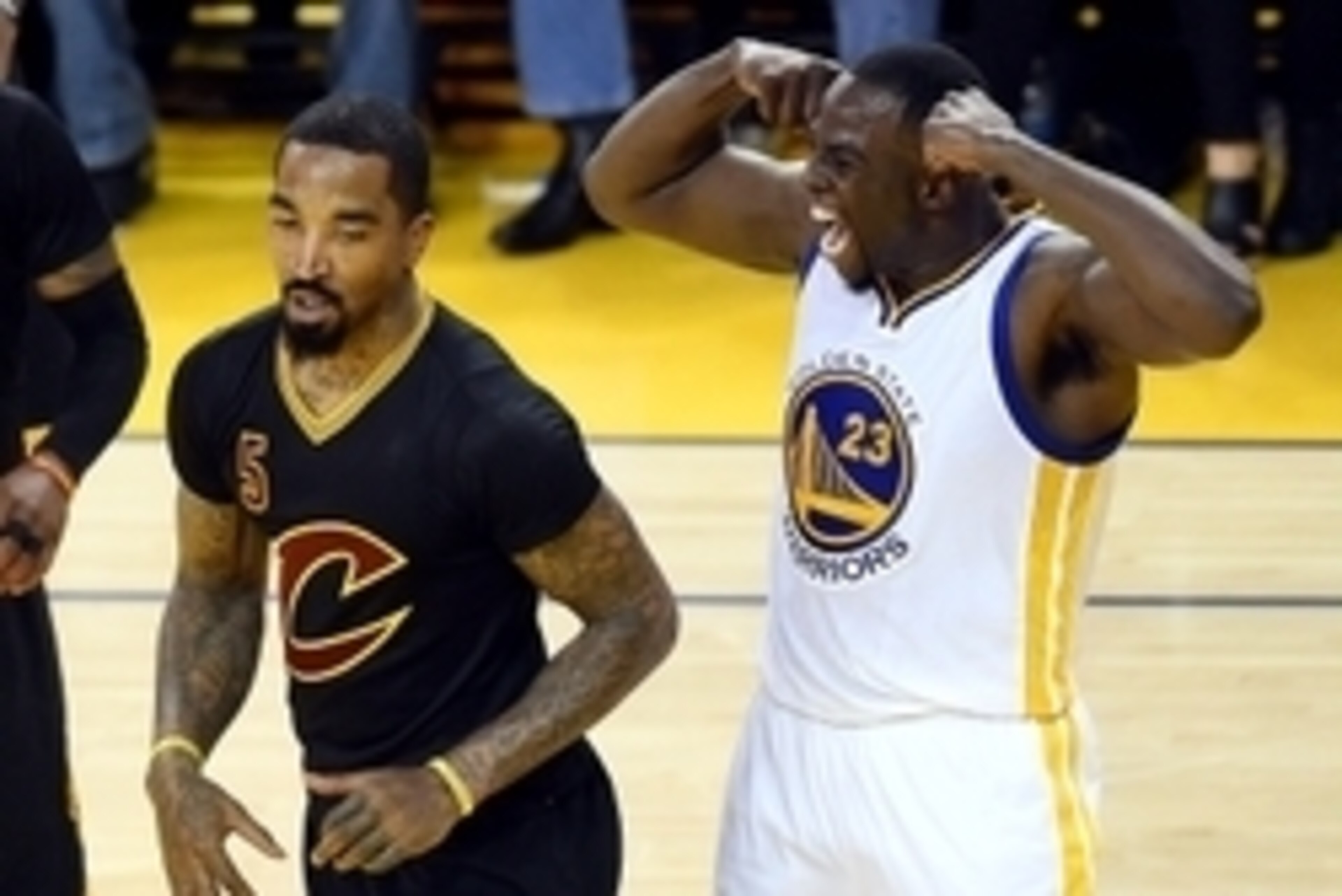 Jun 19, 2016; Oakland, CA, USA; Golden State Warriors forward Draymond Green (23) reacts after a play against Cleveland Cavaliers guard J.R. Smith (5) during the second quarter in game seven of the NBA Finals at Oracle Arena. Mandatory Credit: Bob Donnan- Jun 19, 2016; Oakland, CA, USA; Golden State Warriors forward Draymond Green (23) reacts after a play against Cleveland Cavaliers guard J.R. Smith (5) during the second quarter in game seven of the NBA Finals at Oracle Arena. Mandatory Credit: Bob Donnan-