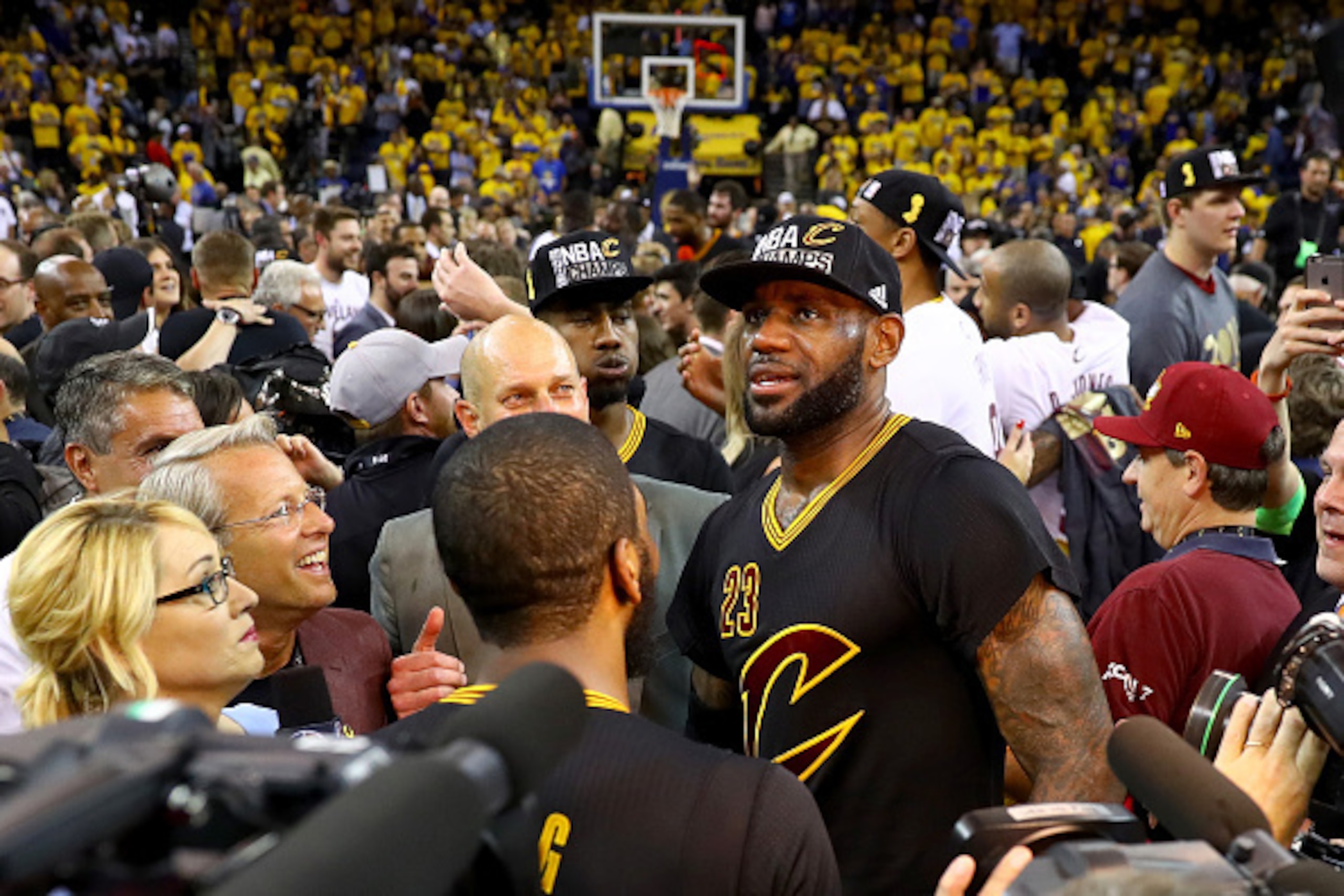 OAKLAND, CA - JUNE 19:  LeBron James #23 of the Cleveland Cavaliers celebrates after defeating the Golden State Warriors 93-89 in Game 7 of the 2016 NBA Finals at ORACLE Arena on June 19, 2016 in Oakland, California. NOTE TO USER: User expressly acknowled
