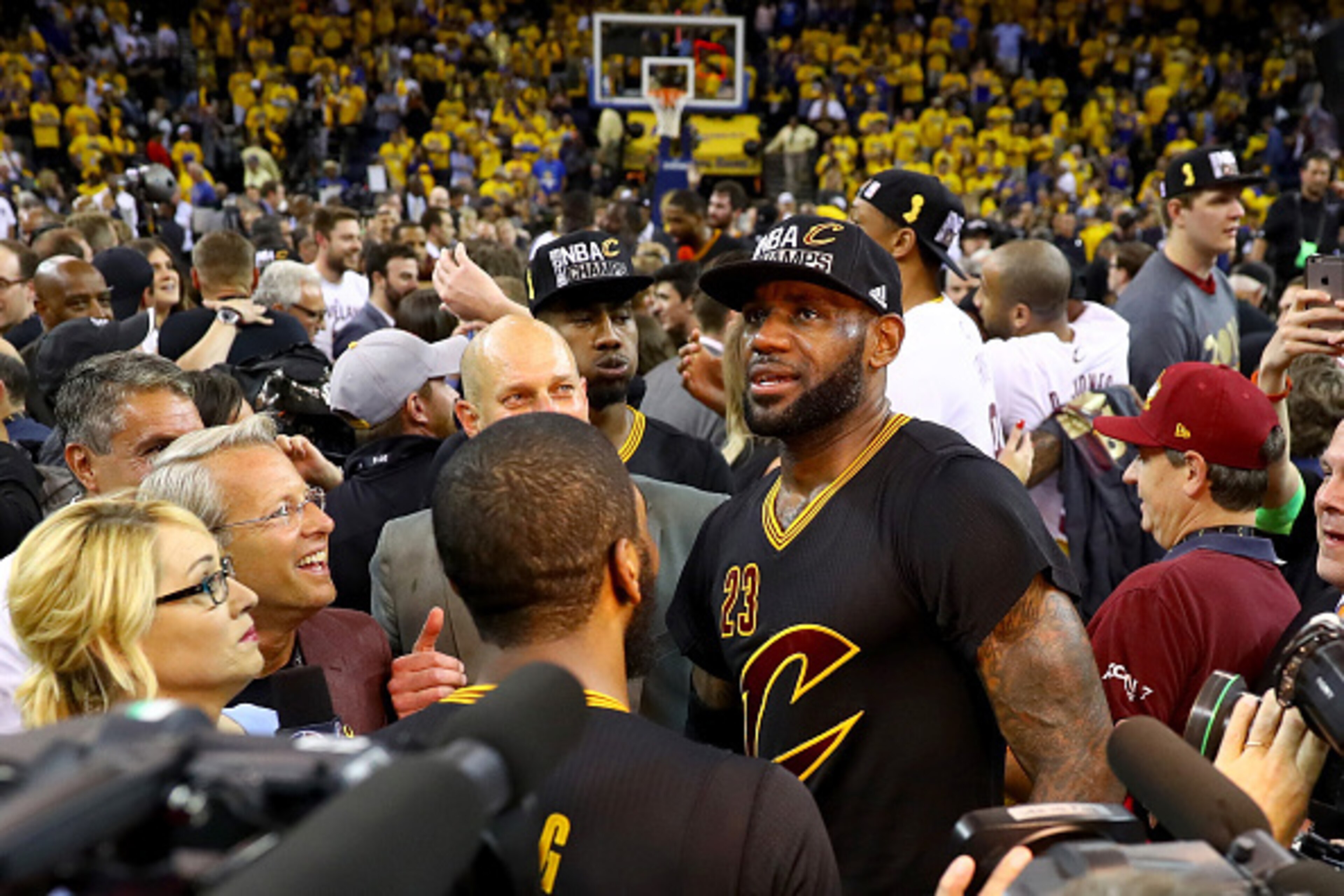 OAKLAND, CA - JUNE 19:  LeBron James #23 of the Cleveland Cavaliers celebrates after defeating the Golden State Warriors 93-89 in Game 7 of the 2016 NBA Finals at ORACLE Arena on June 19, 2016 in Oakland, California. NOTE TO USER: User expressly acknowled