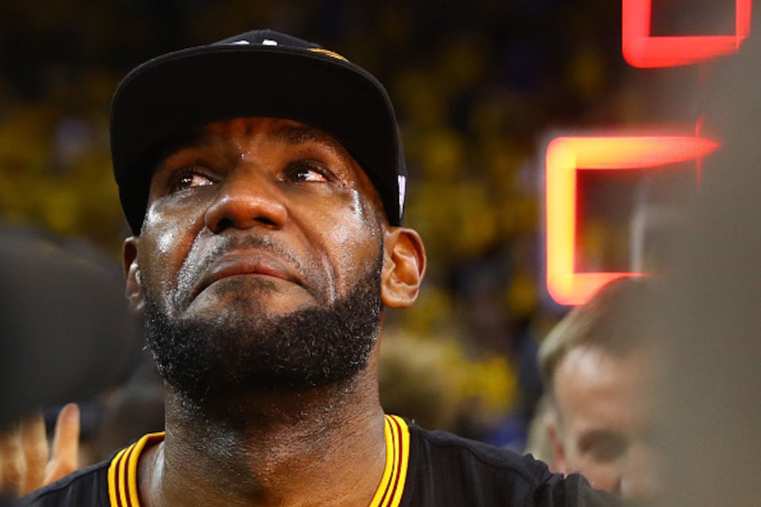 OAKLAND, CA - JUNE 19:  LeBron James #23 of the Cleveland Cavaliers reacts after defeating the Golden State Warriors 93-89 in Game 7 of the 2016 NBA Finals at ORACLE Arena on June 19, 2016 in Oakland, California. NOTE TO USER: User expressly acknowledges 
